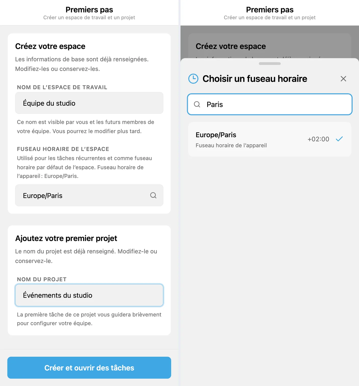 Première configuration iTasks : espace, fuseau horaire et premier projet