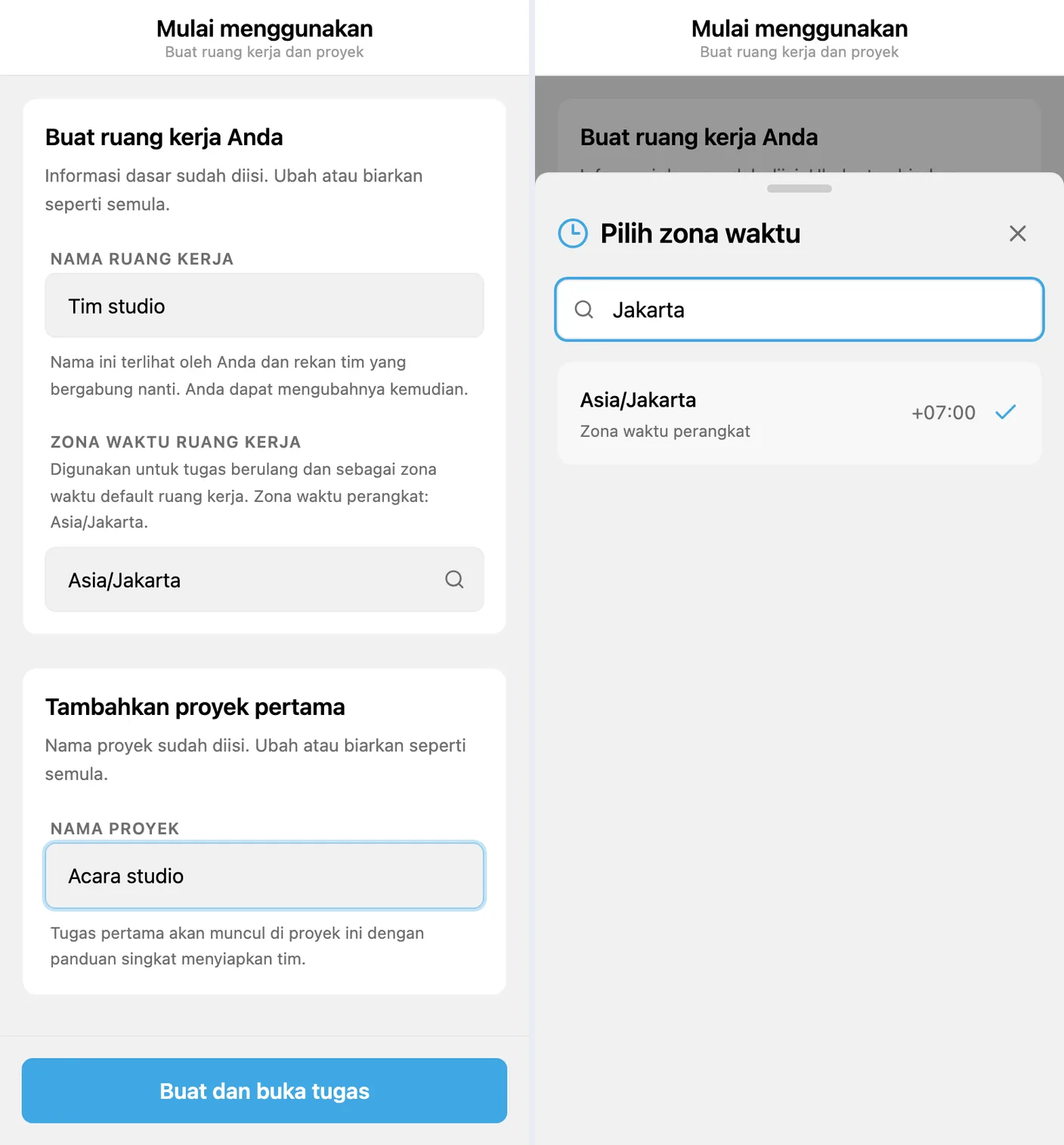 Pengaturan awal iTasks: ruang kerja, zona waktu, dan proyek pertama