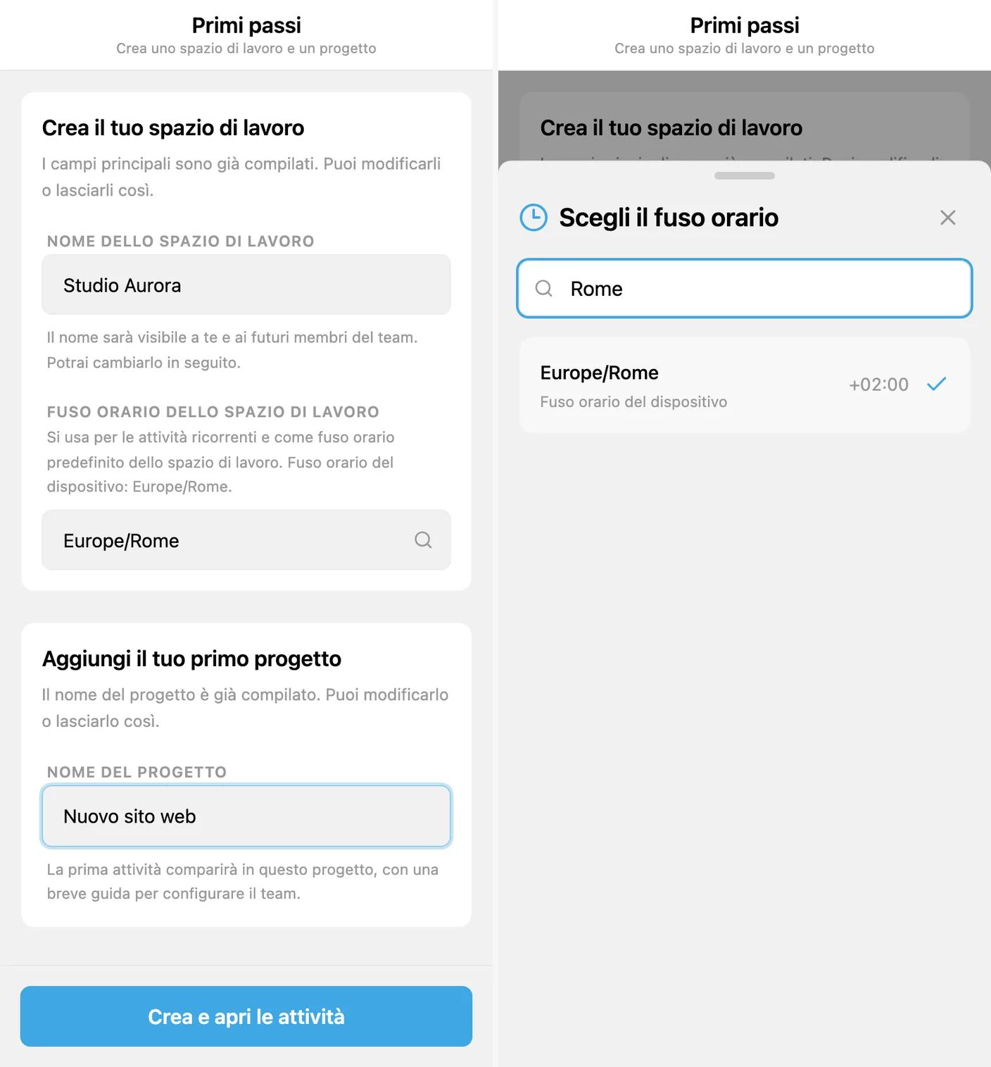 Configurazione iniziale di iTasks: modulo dello spazio di lavoro, scelta del fuso orario e primo progetto