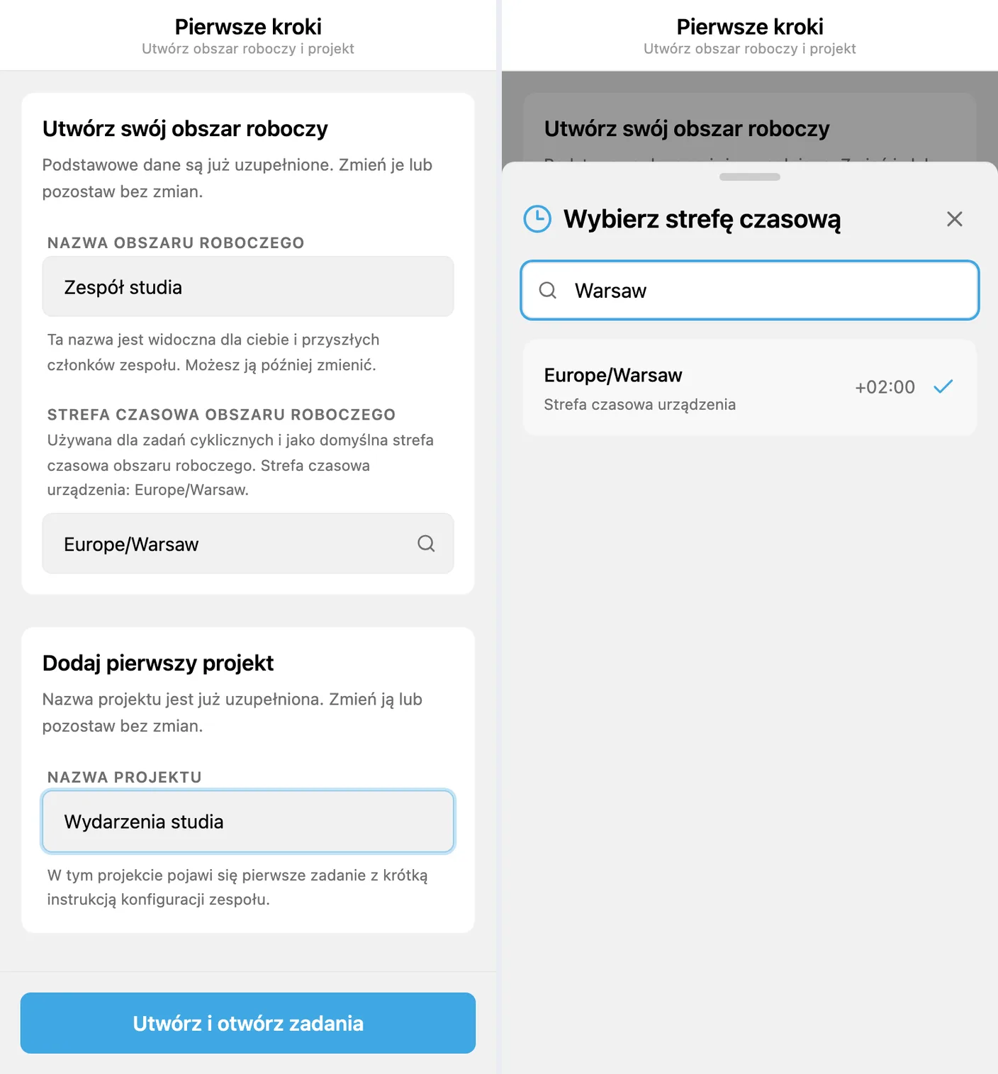 Pierwsza konfiguracja iTasks: obszar roboczy, strefa czasowa i pierwszy projekt