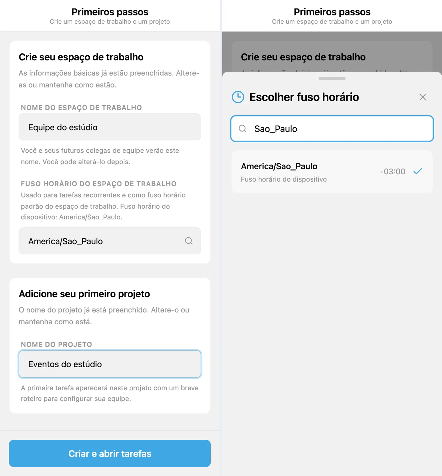 Configuração inicial do iTasks: espaço de trabalho, fuso horário e primeiro projeto