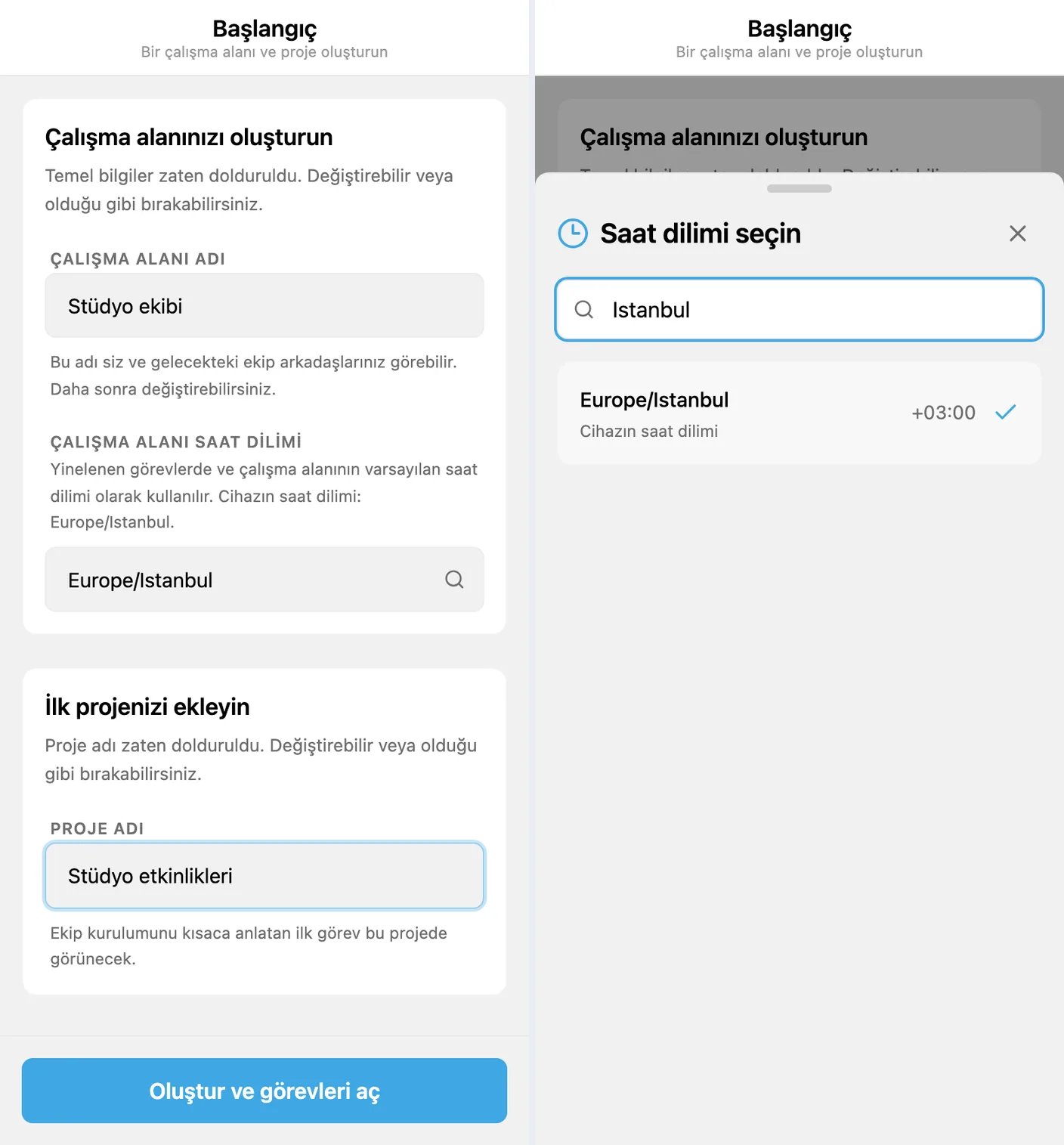 iTasks’ta ilk kurulum: çalışma alanı, saat dilimi ve ilk proje