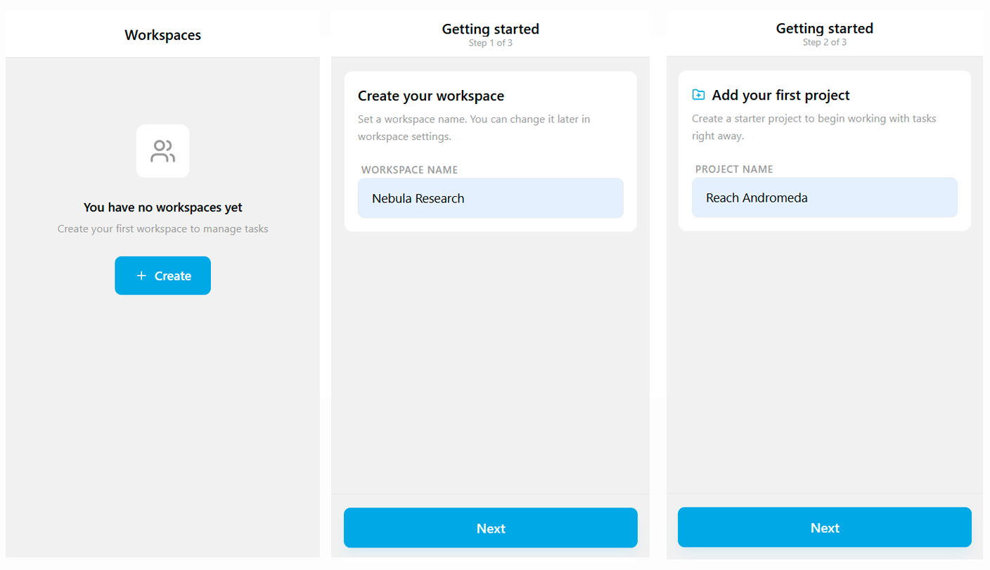 Three steps to create a workspace in iTasks onboarding