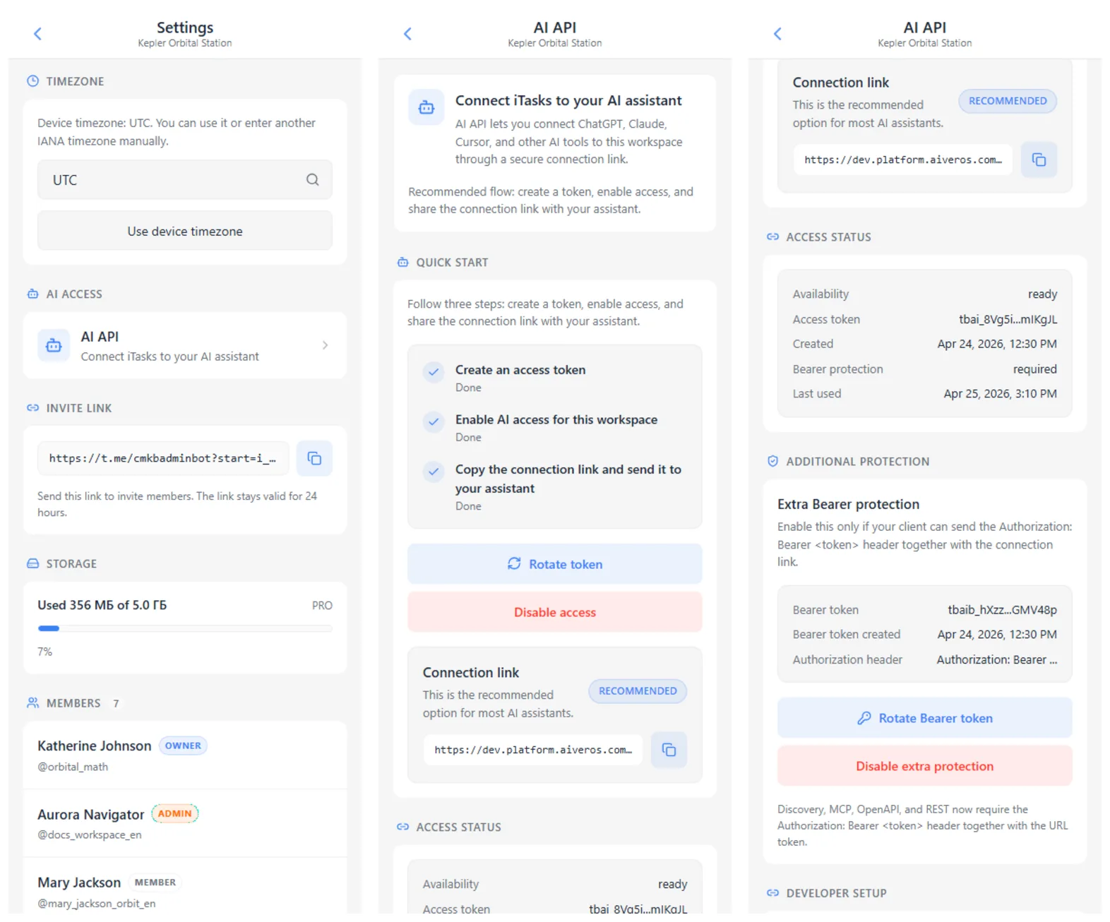 iTasks AI API setup: workspace settings entry, connection link, access status, and extra Bearer protection