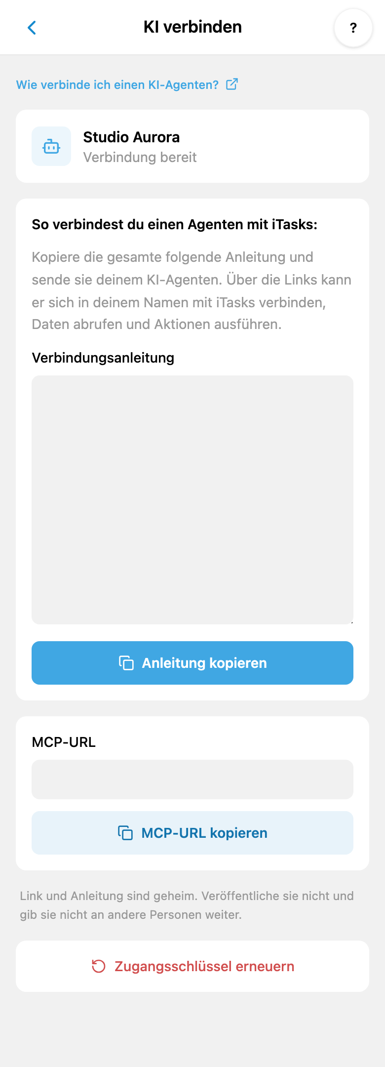 Persönliche KI-Verbindung in iTasks: Anleitung, MCP-URL und Erneuern der Schlüssel; geheime Werte sind ausgeblendet