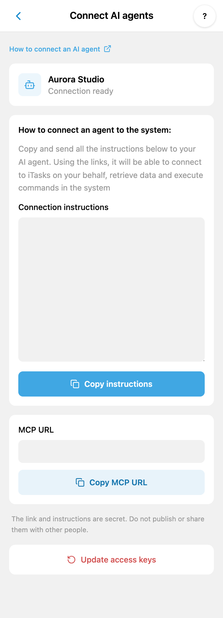 AI connection: complete instructions and separate MCP URL