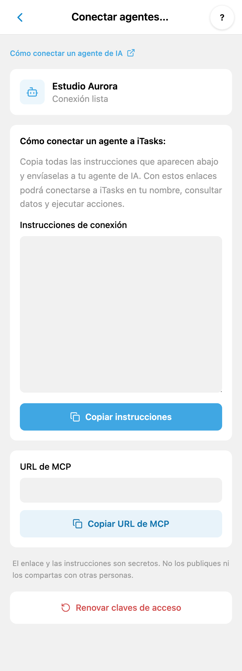 Conexión de IA: instrucciones completas y URL MCP independiente; los valores secretos están ocultos
