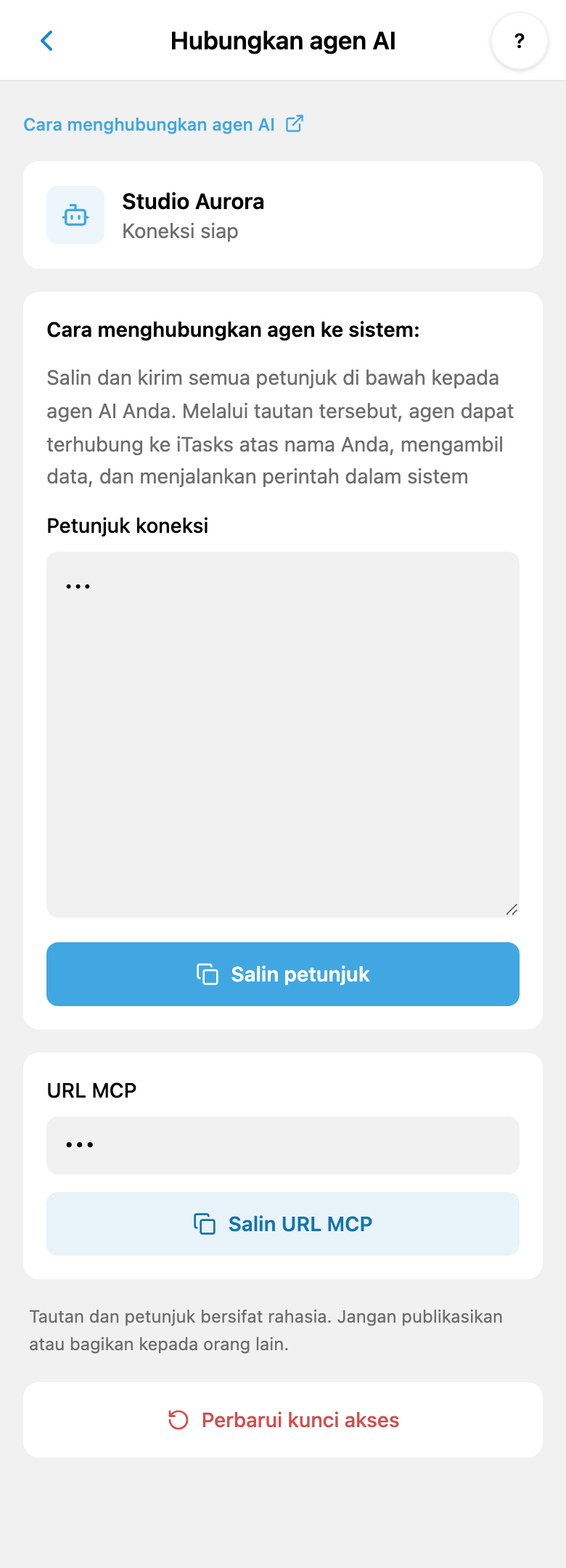 Koneksi AI pribadi di iTasks: petunjuk, kontrol penyalinan URL MCP, dan pembaruan kunci; nilai rahasia disembunyikan