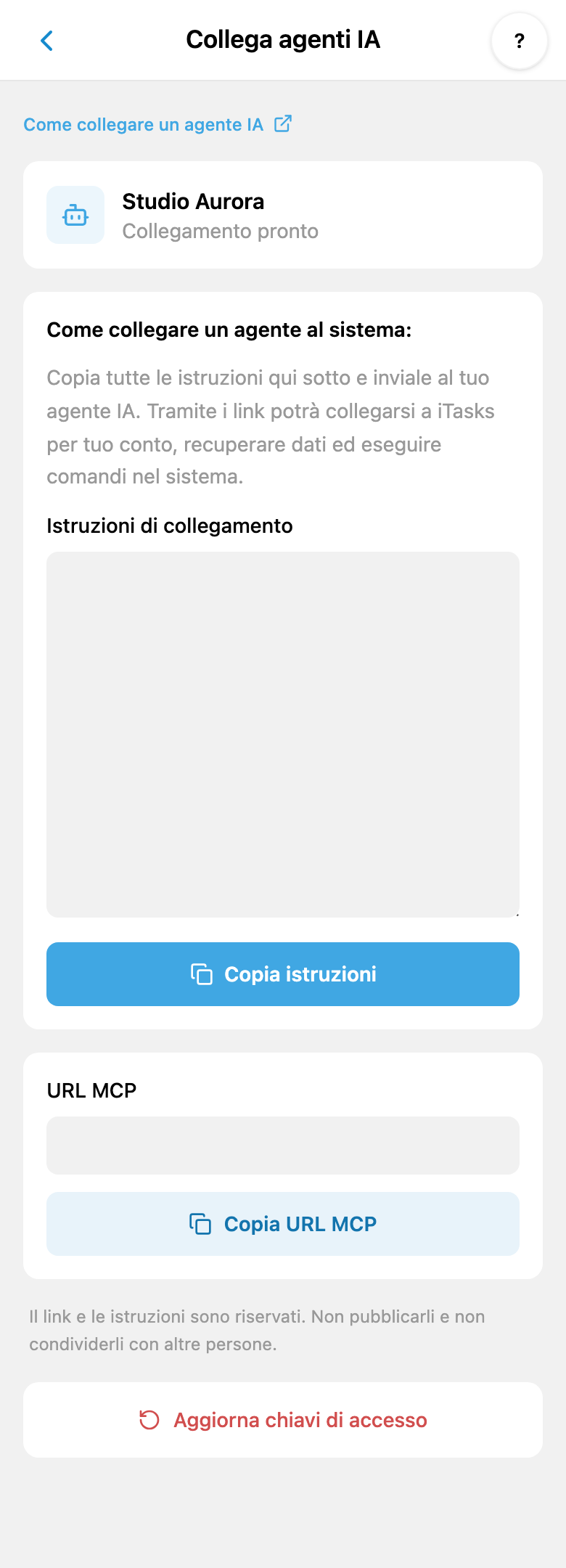 Collegamento IA: istruzioni complete e URL MCP separato