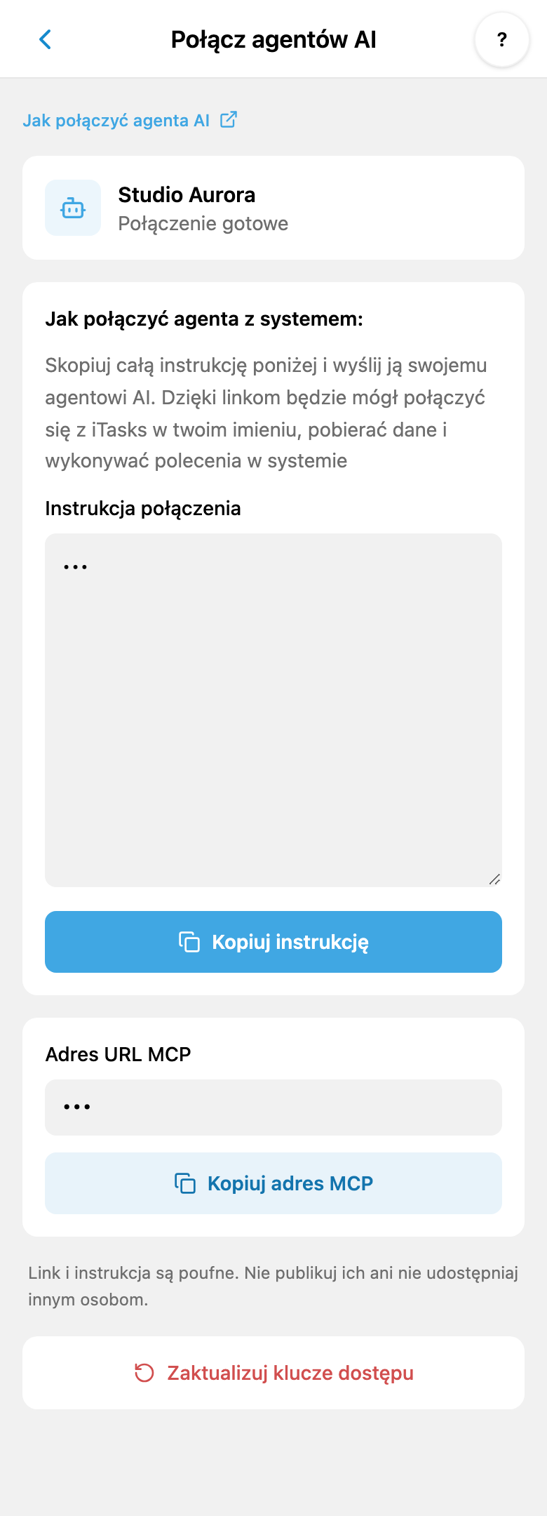Osobiste połączenie AI w iTasks: pełne instrukcje, osobny adres URL MCP i aktualizacja kluczy; sekretne wartości są ukryte
