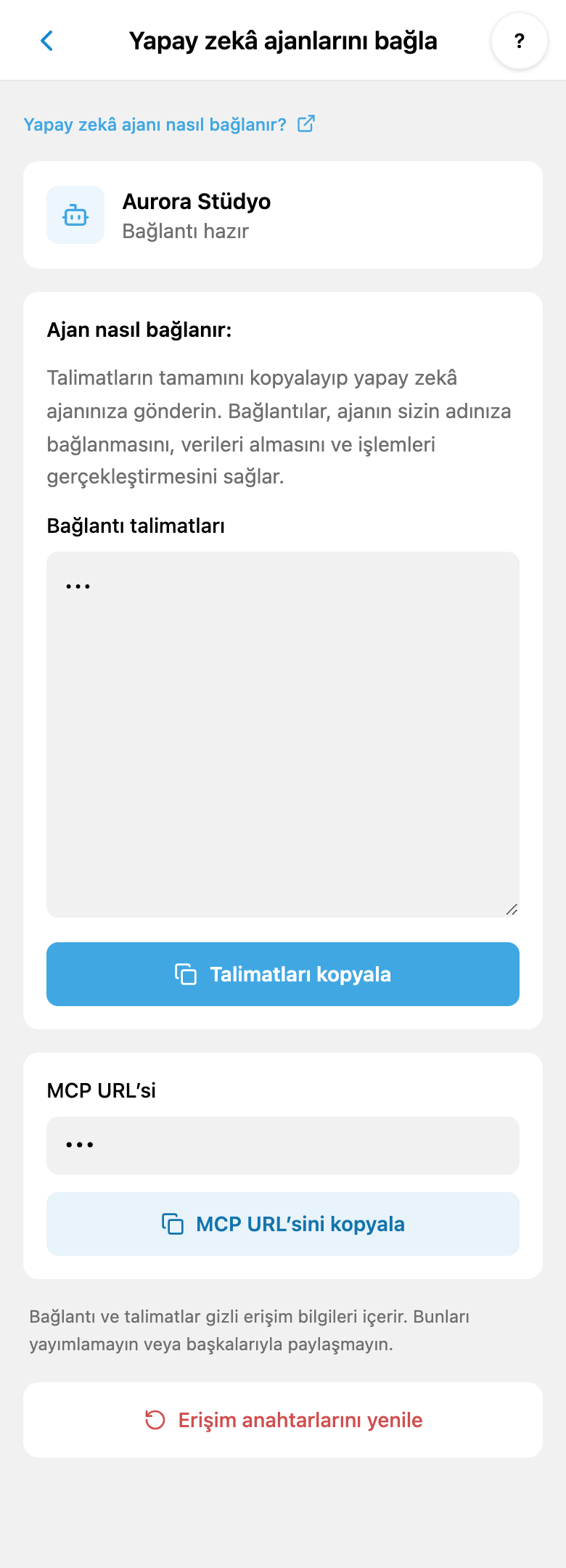 iTasks’ta kişisel yapay zekâ bağlantısı: talimatlar, MCP URL’sini kopyalama ve anahtar yenileme; gizli değerler gizlenmiştir