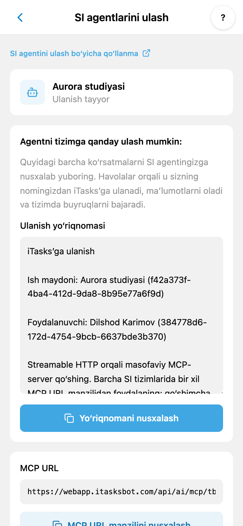 iTasks’da shaxsiy SI ulanishi: yo‘riqnoma, MCP URL va kalitlarni yangilash; maxfiy qiymatlar yashirilgan