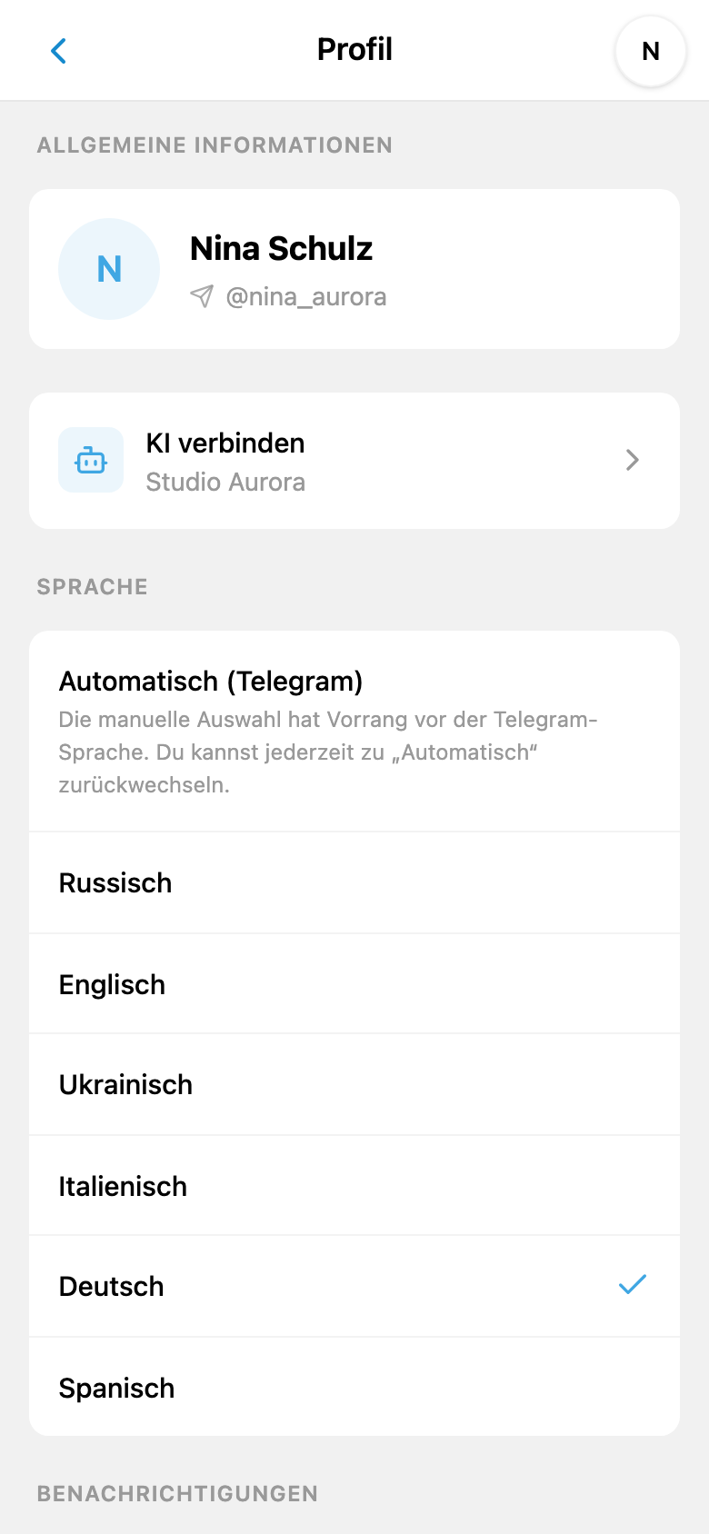 iTasks-Profil mit persönlichem KI-Zugriff und ausgewählter deutscher Sprache