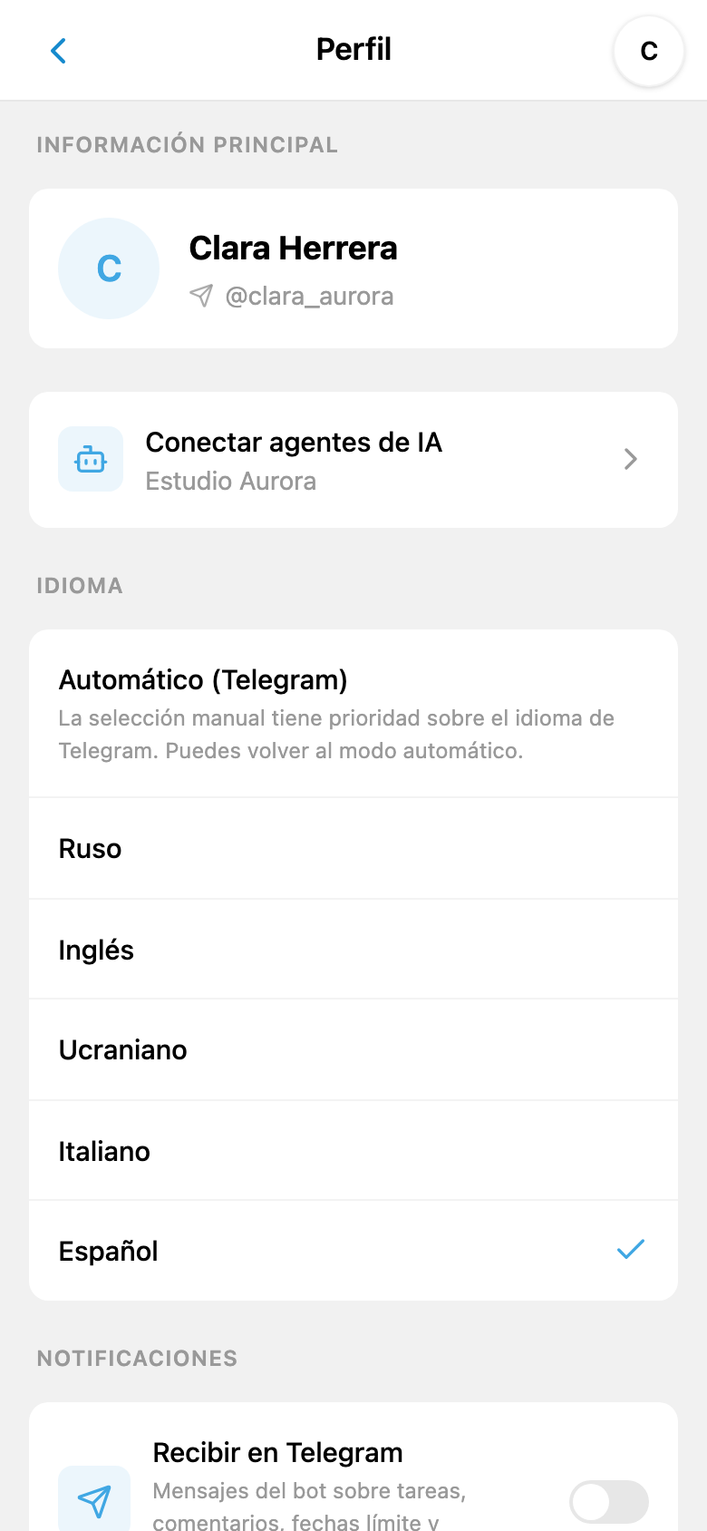 Perfil de iTasks: acceso a la conexión de agentes de IA