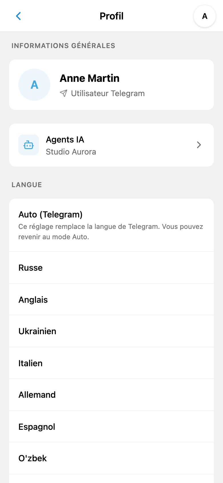 Profil iTasks avec l’accès à la connexion des agents IA