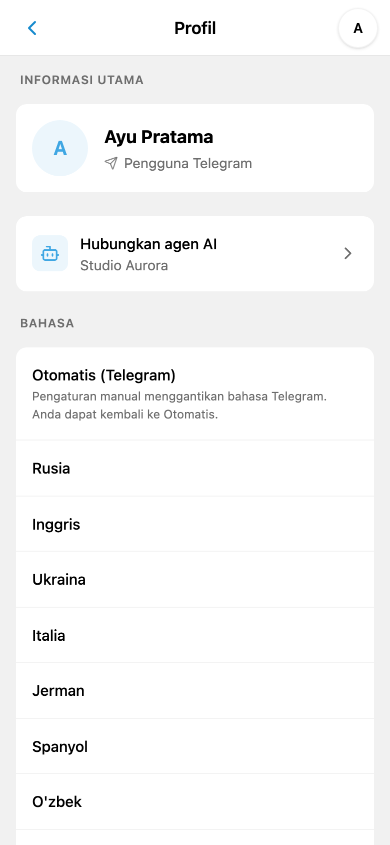 Profil iTasks dengan pilihan untuk menghubungkan agen AI