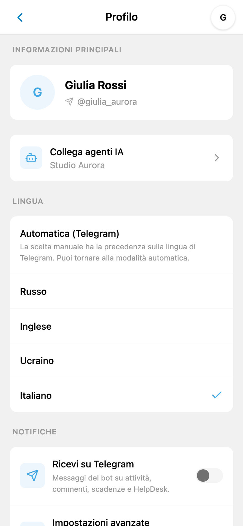 Profilo: accesso al collegamento degli agenti IA