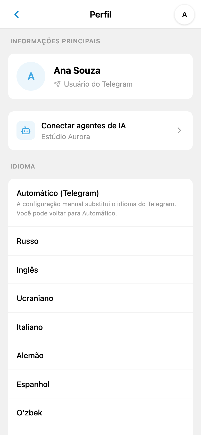 Perfil do iTasks com a opção de conectar agentes de IA