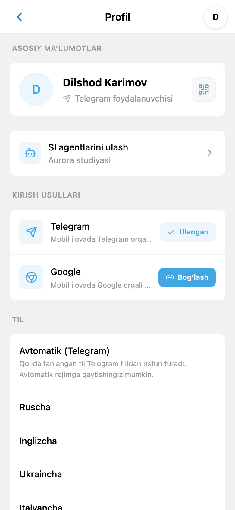 Shaxsiy SI kirishi va o‘zbek tili tanlangan iTasks profili