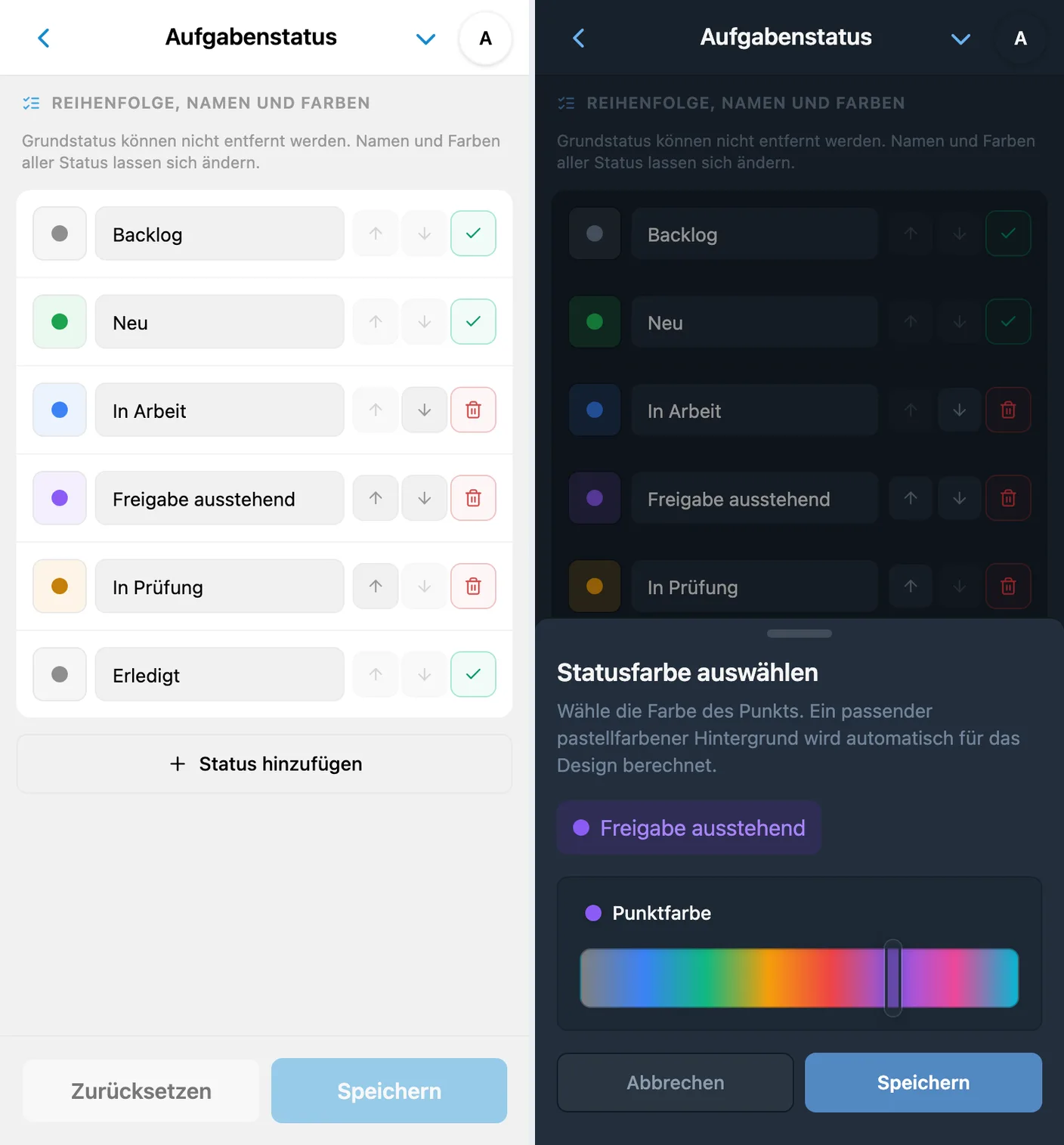 Statusnamen und Farben in iTasks mit Punktfarbenauswahl und Pastellvorschau