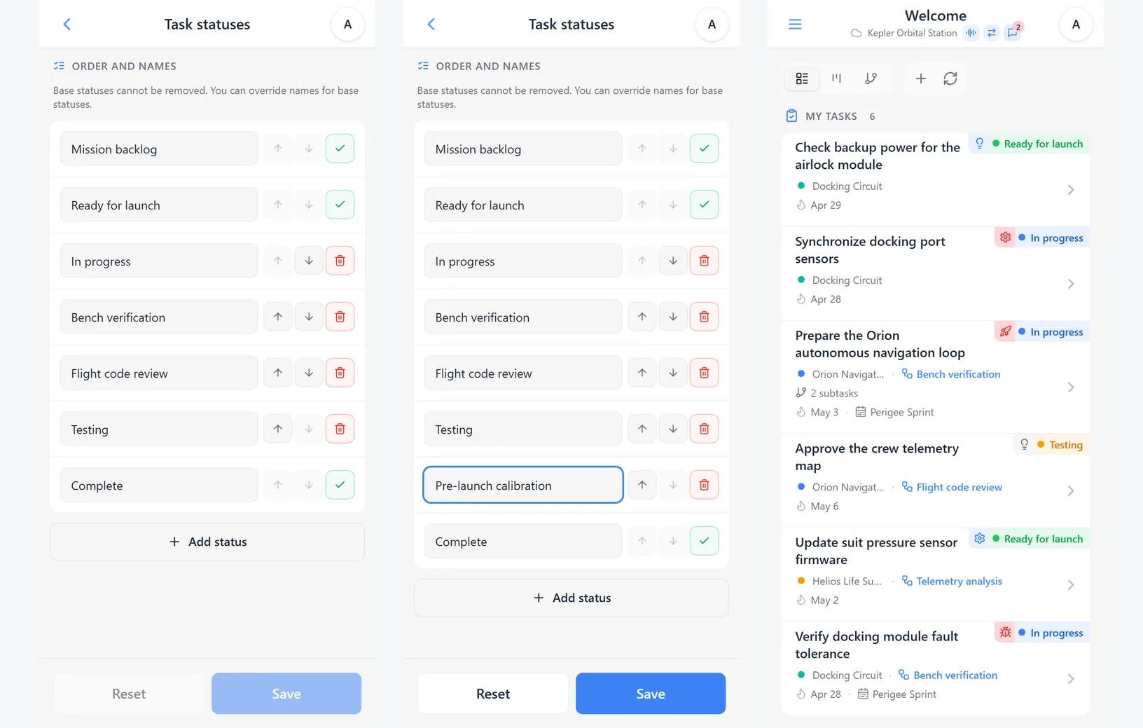 iTasks task status settings: order, base status renaming, custom status creation, and task-card display