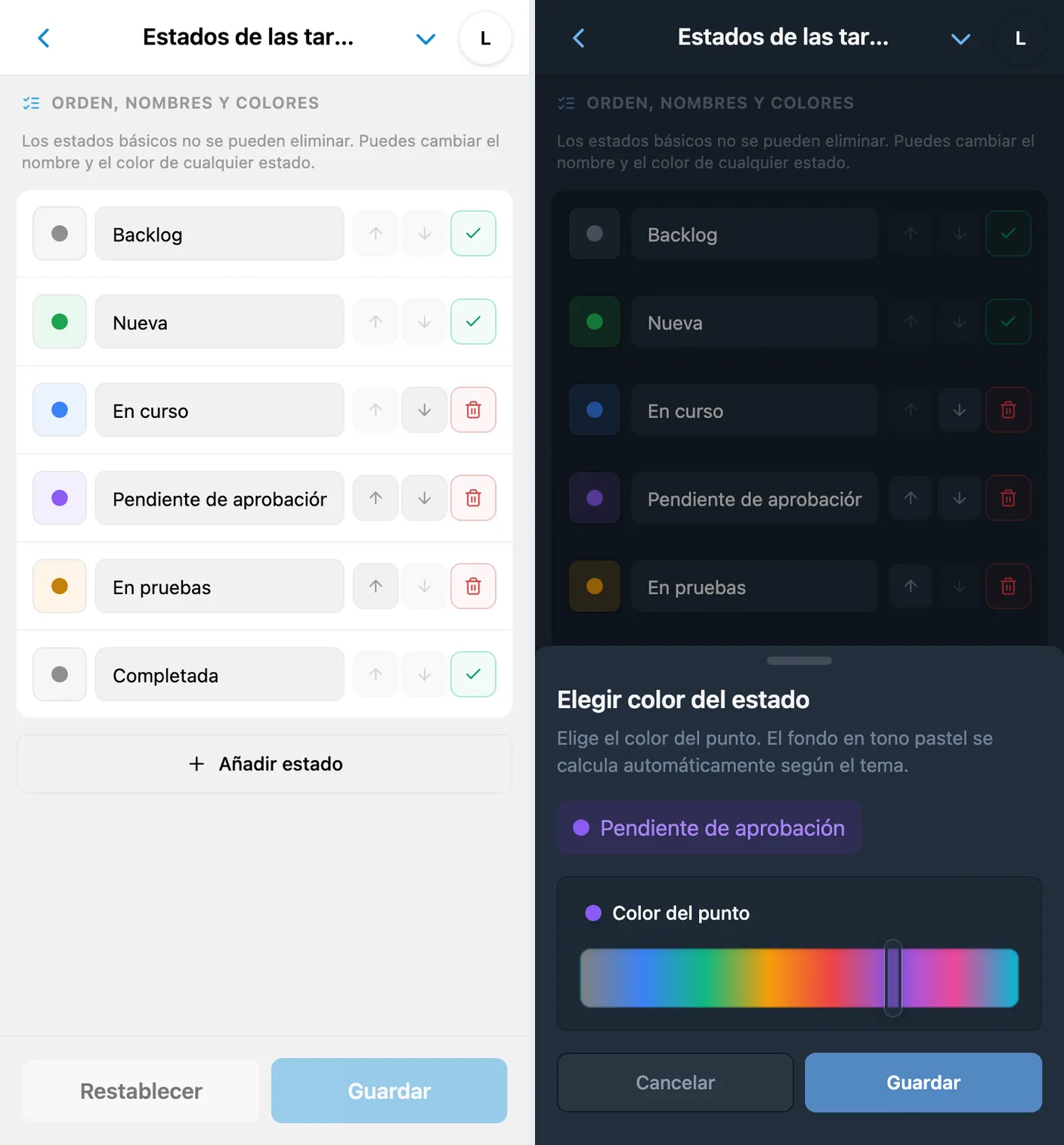 Nombres y colores de los estados de iTasks, con selector del color del punto y vista previa pastel