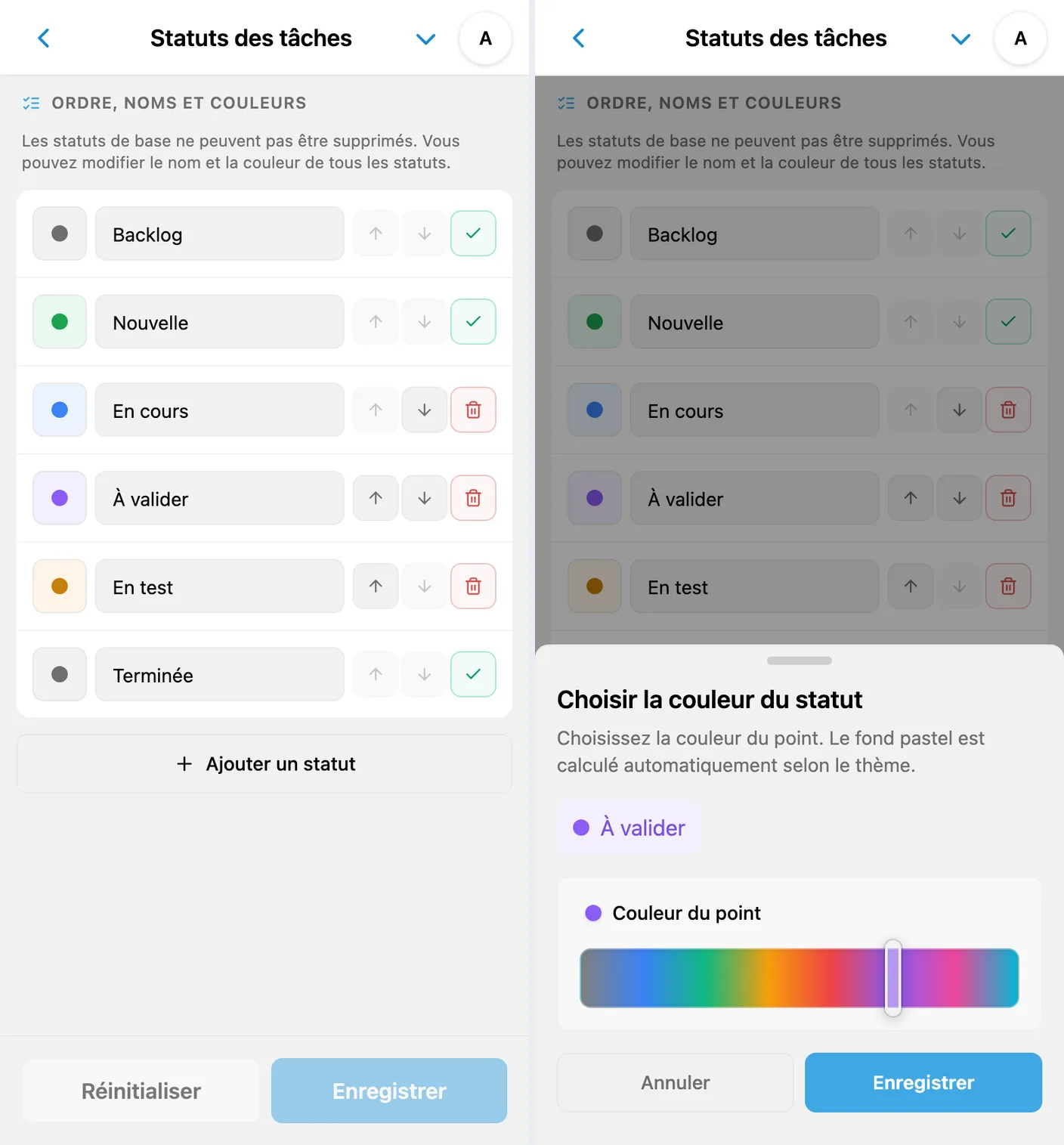Noms, icônes et couleurs des statuts iTasks, fenêtre Icône et couleur du statut et aperçu pastel