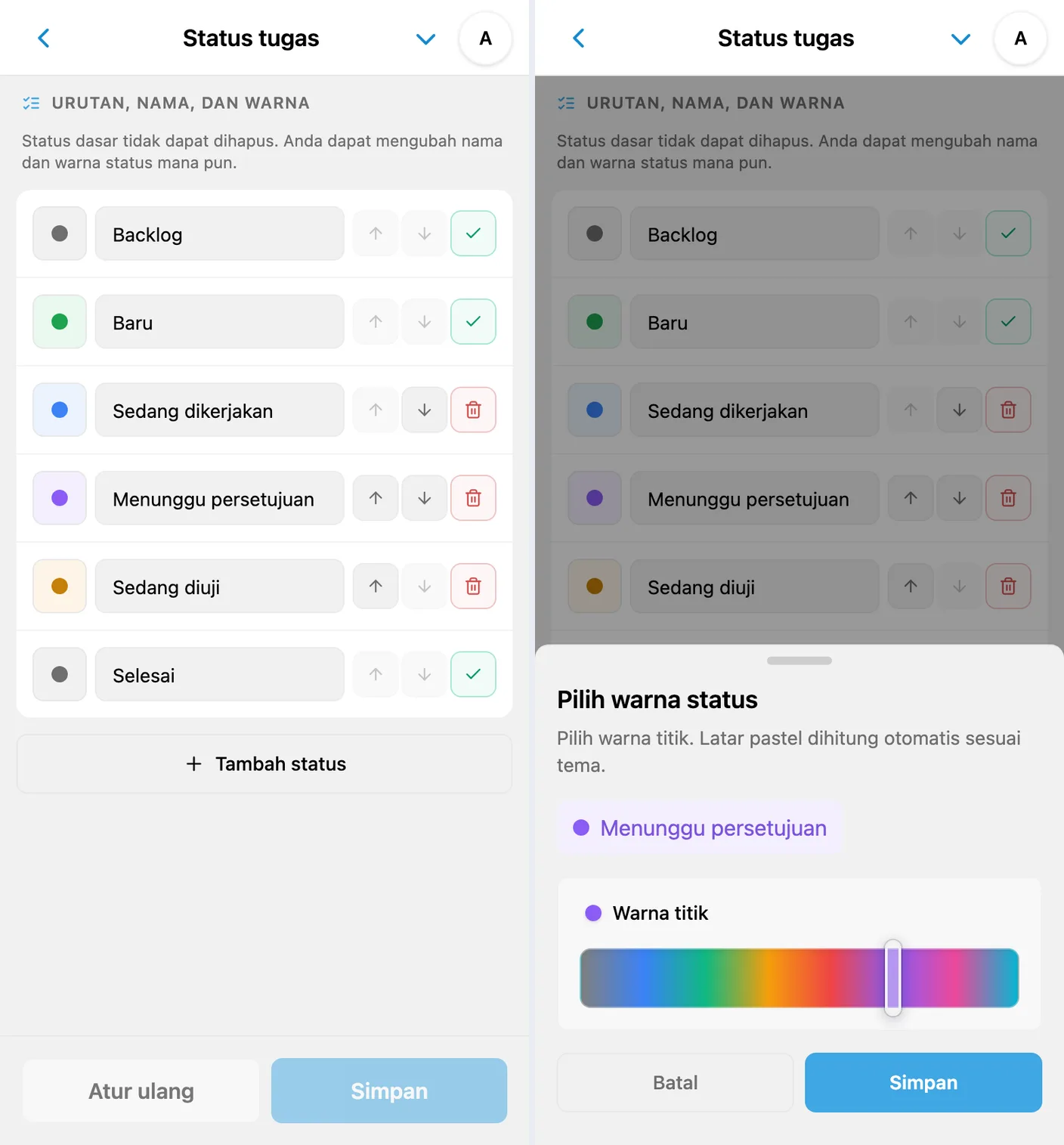Nama, ikon, dan warna status iTasks, jendela Ikon dan warna status, serta pratinjau pastel