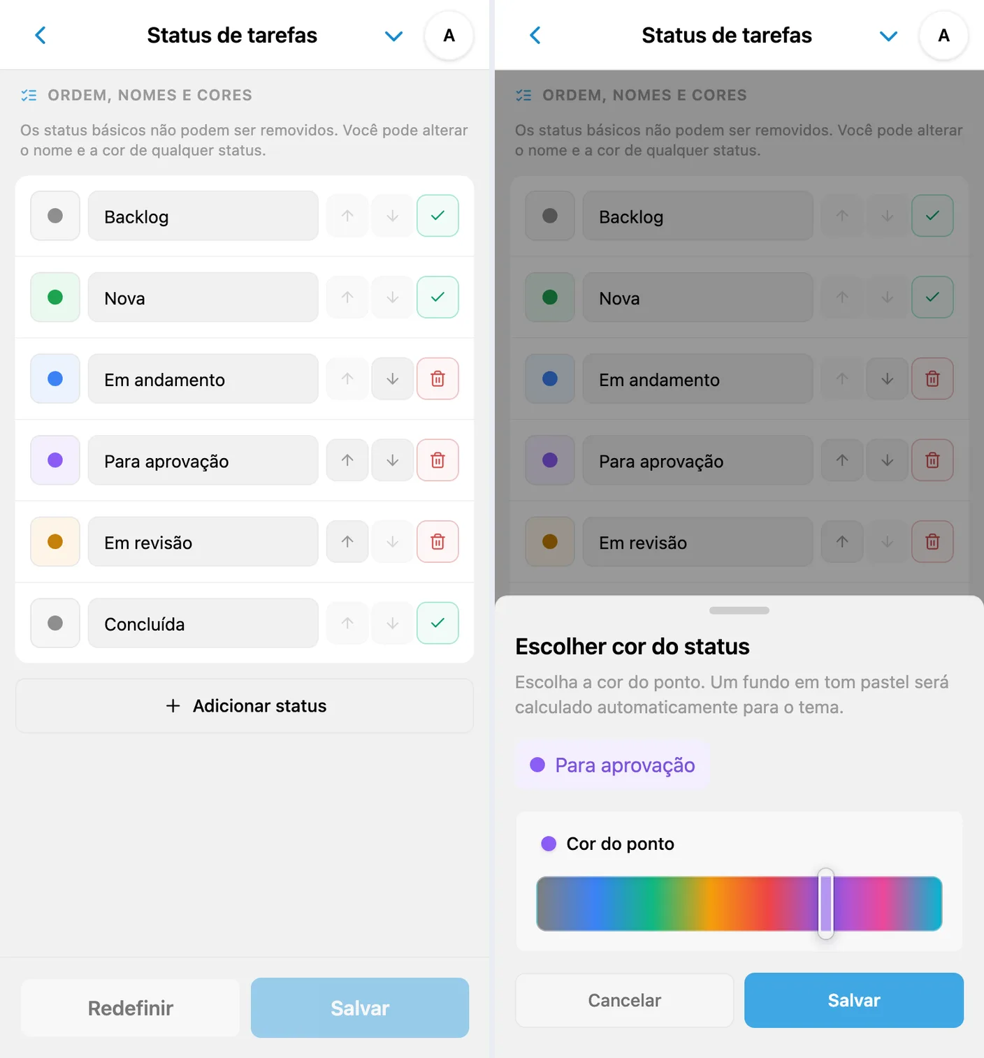 Nomes, ícones e cores dos status do iTasks com a janela Ícone e cor do status e prévia do fundo suave