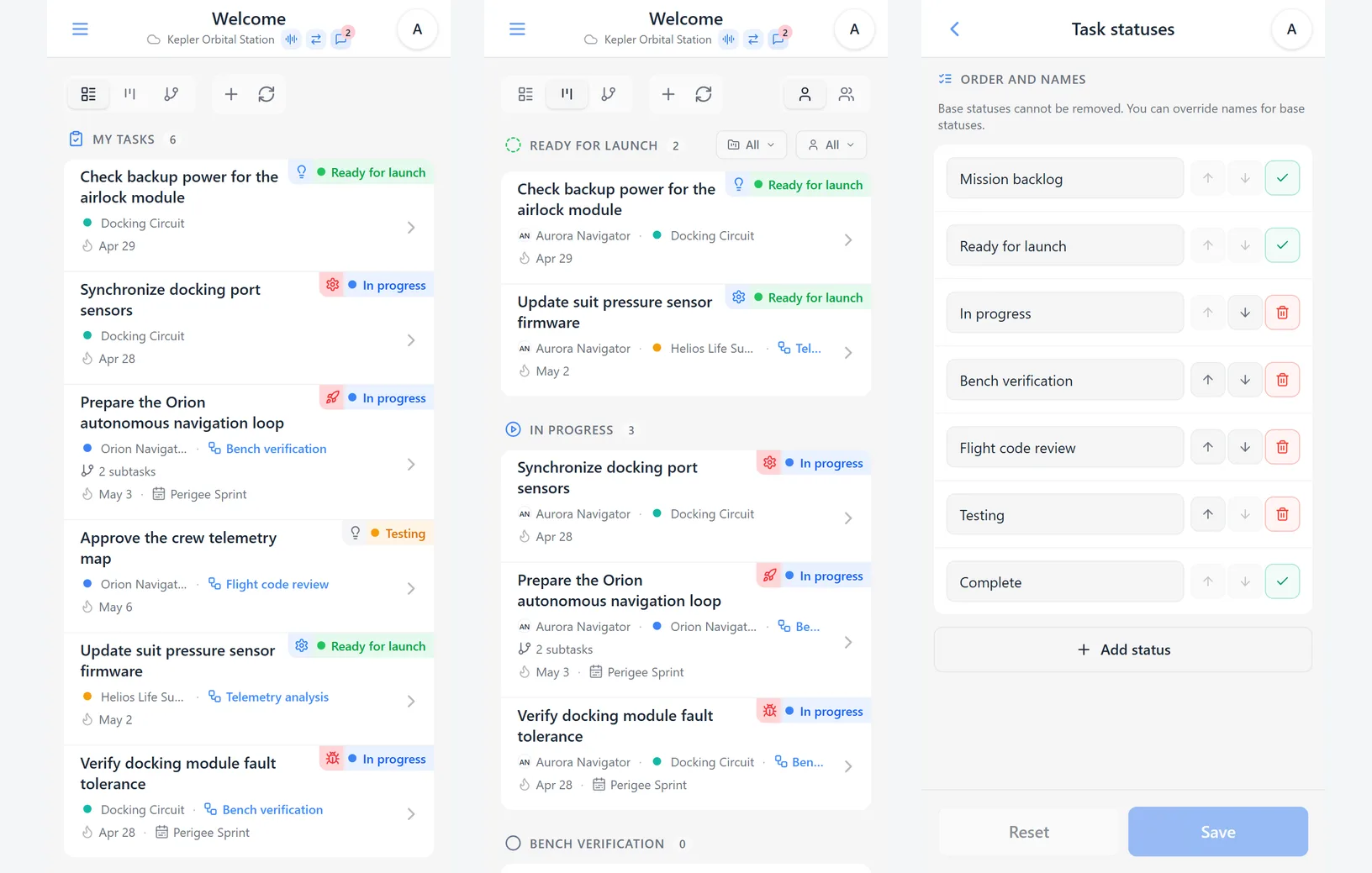 Custom iTasks statuses in the task list, Kanban view, and workspace status editor