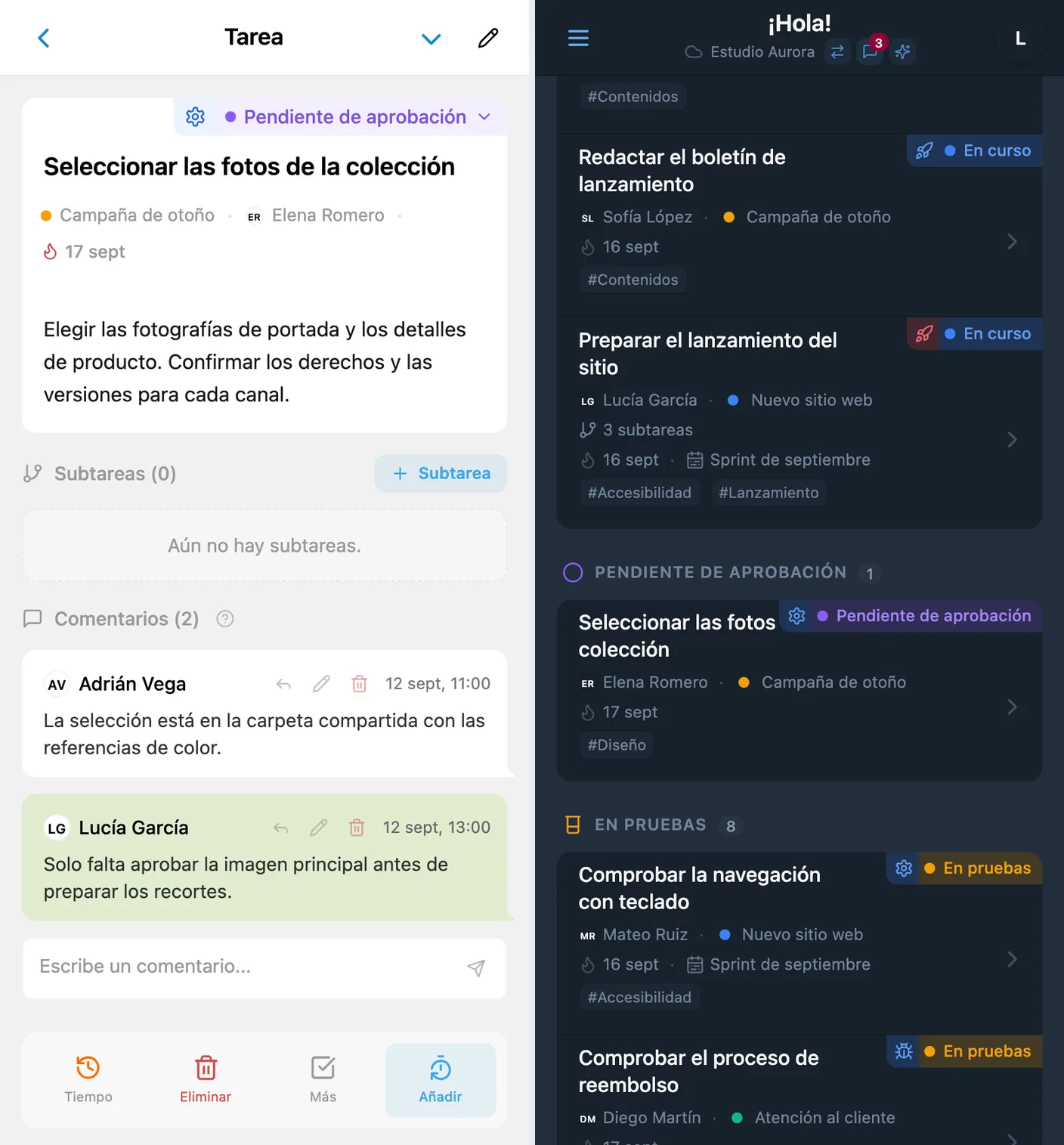 Estados de color de iTasks en una ficha de tarea y en Kanban
