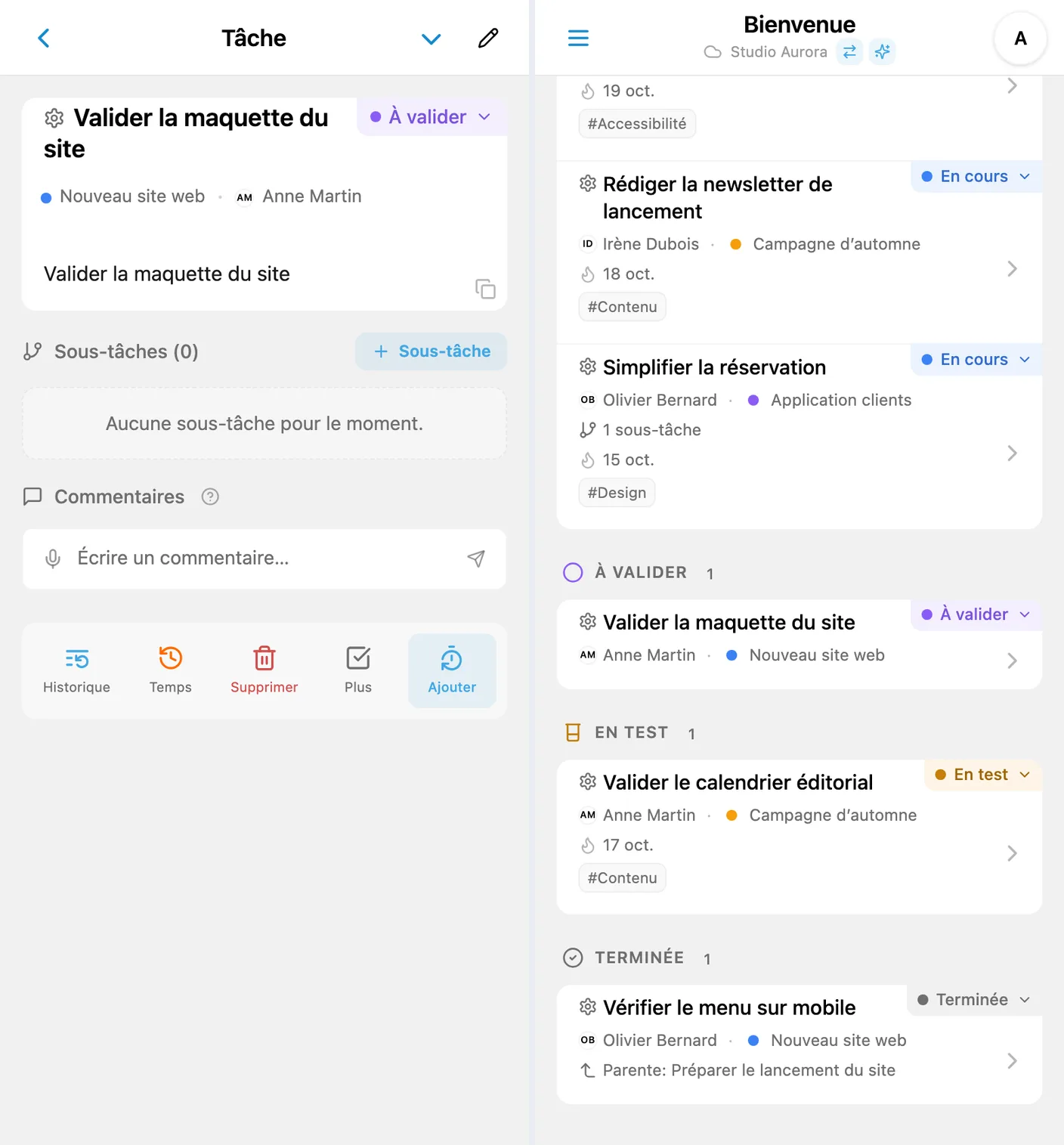 Statuts colorés dans une fiche de tâche iTasks et le tableau Kanban