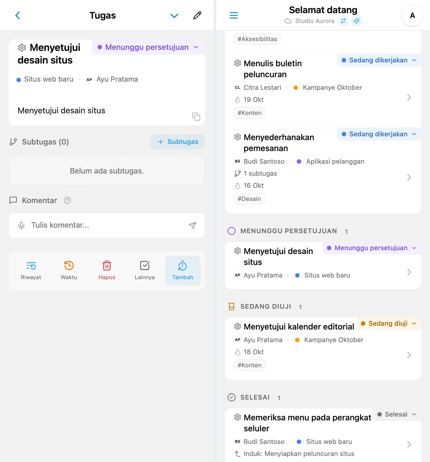 Status berwarna pada kartu tugas iTasks dan papan Kanban