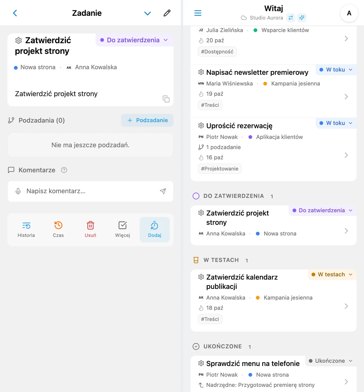 Kolorowe statusy na karcie zadania iTasks i tablicy Kanban