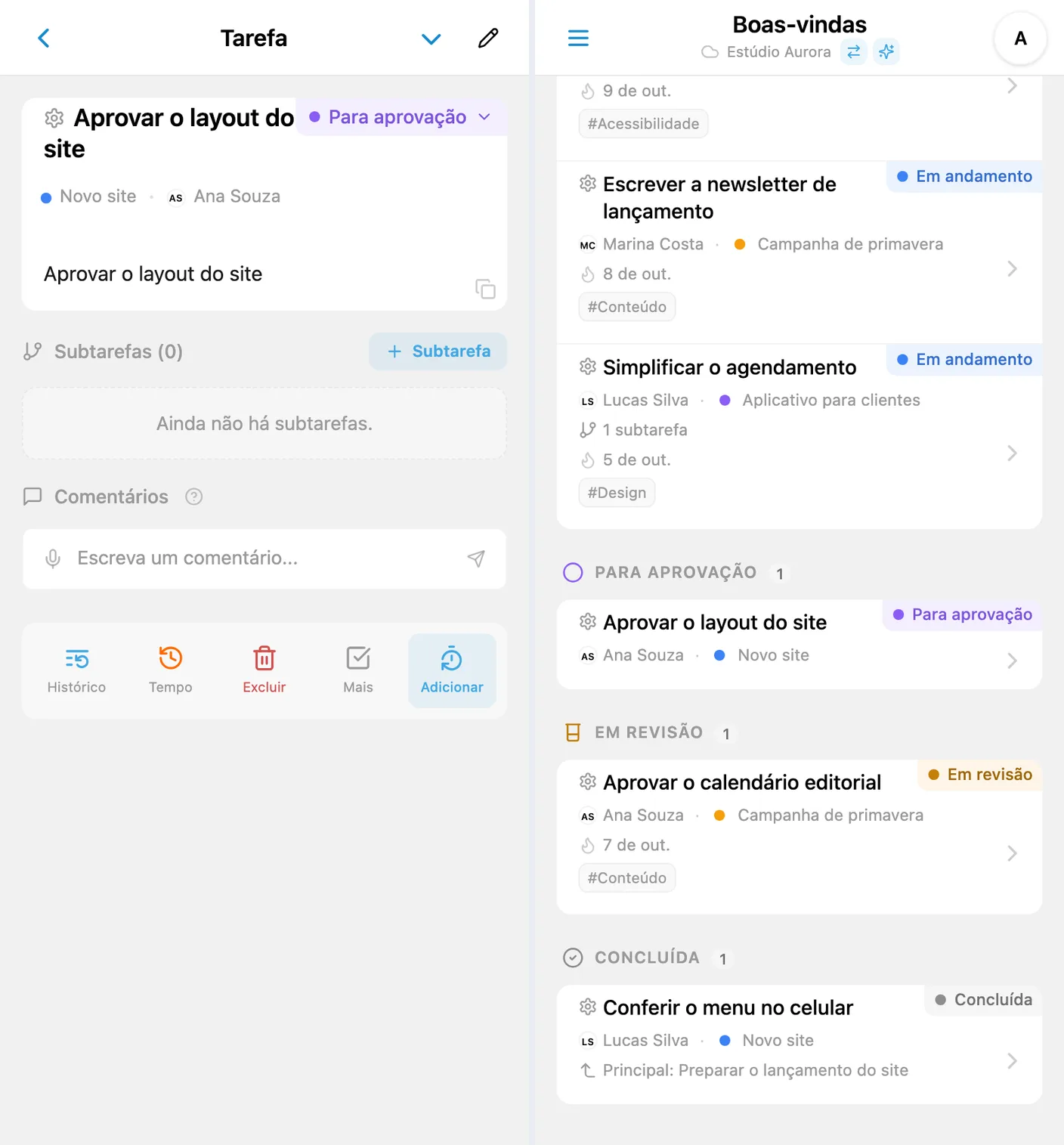 Status coloridos do iTasks em um cartão de tarefa e no Kanban