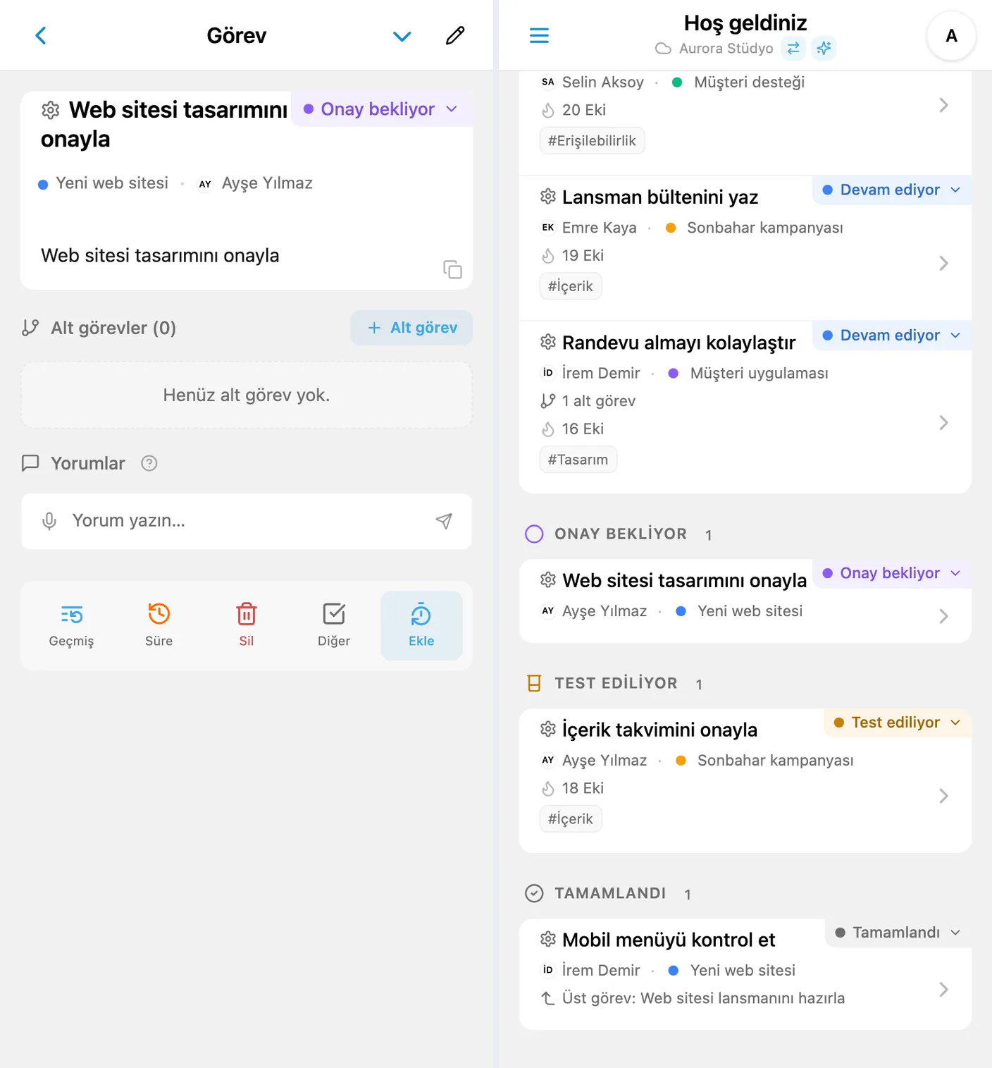 Görev kartında ve Kanban’da renkli iTasks durumları