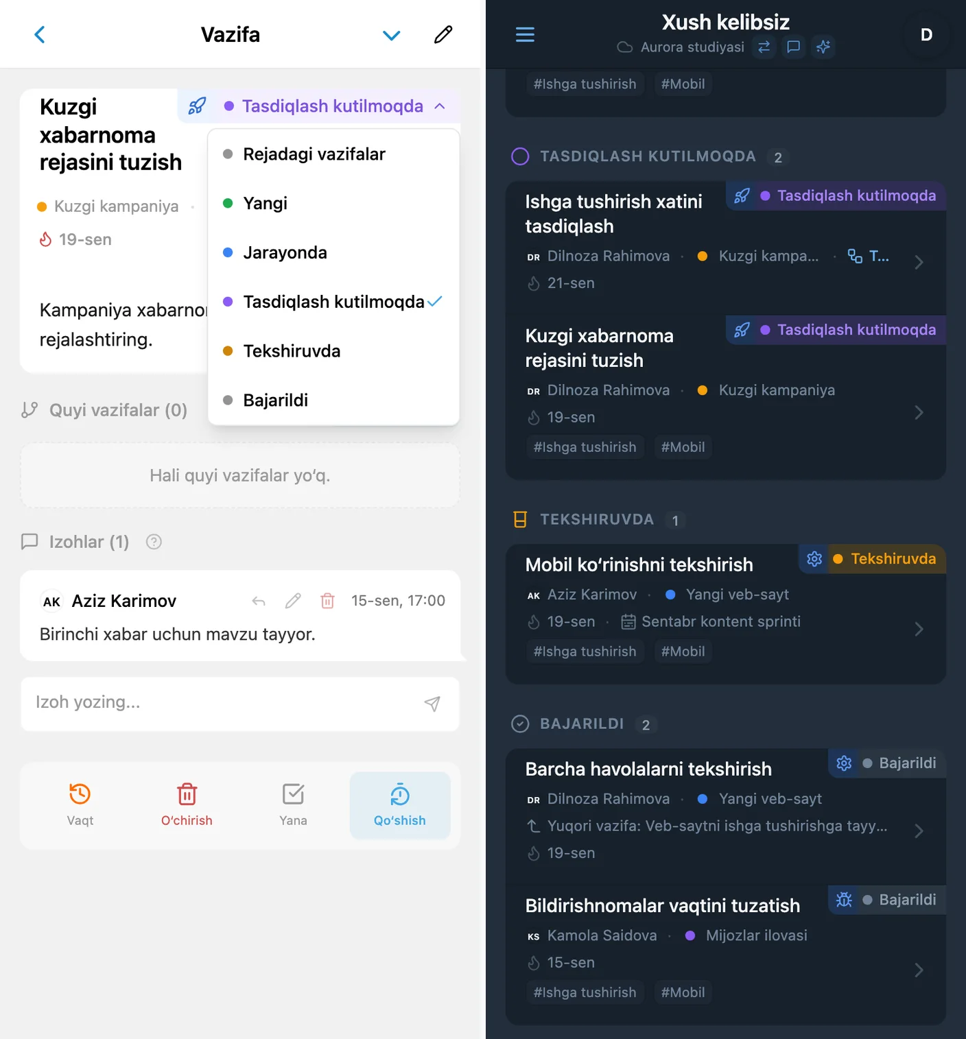Vazifa kartasi va Kanban’da rangli iTasks holatlari