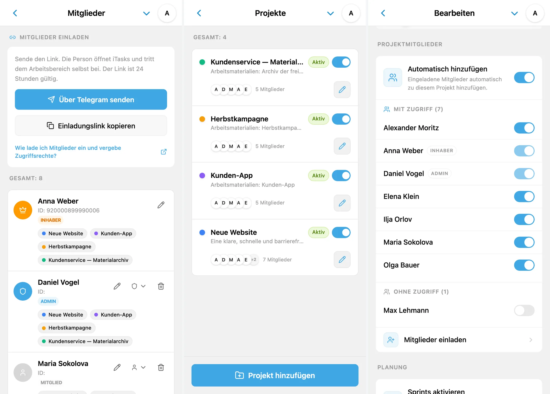 Mitgliederrollen, Projektliste und Zugriff auf ein einzelnes Projekt in iTasks