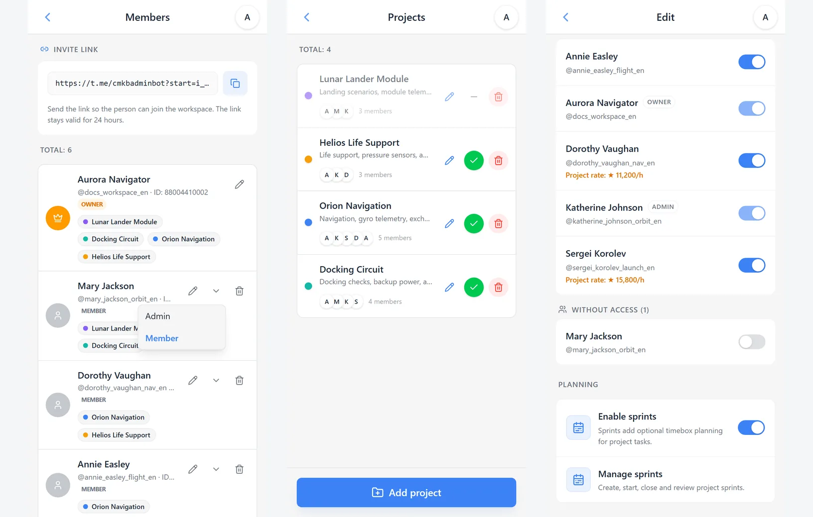 iTasks member access: role change, project list, and project members with and without access