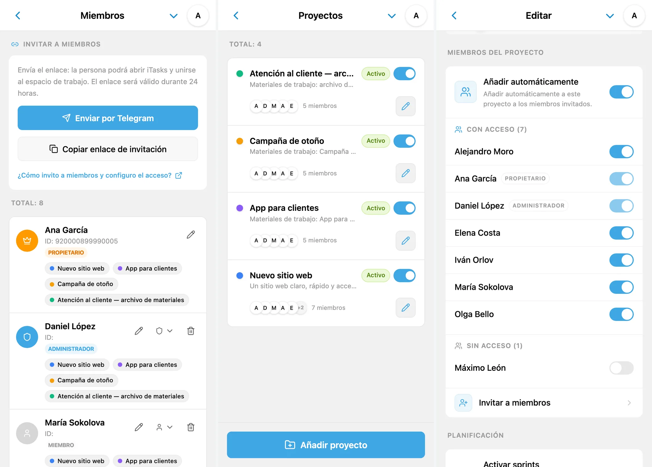 Roles de los miembros de iTasks, lista de proyectos y acceso a un proyecto concreto