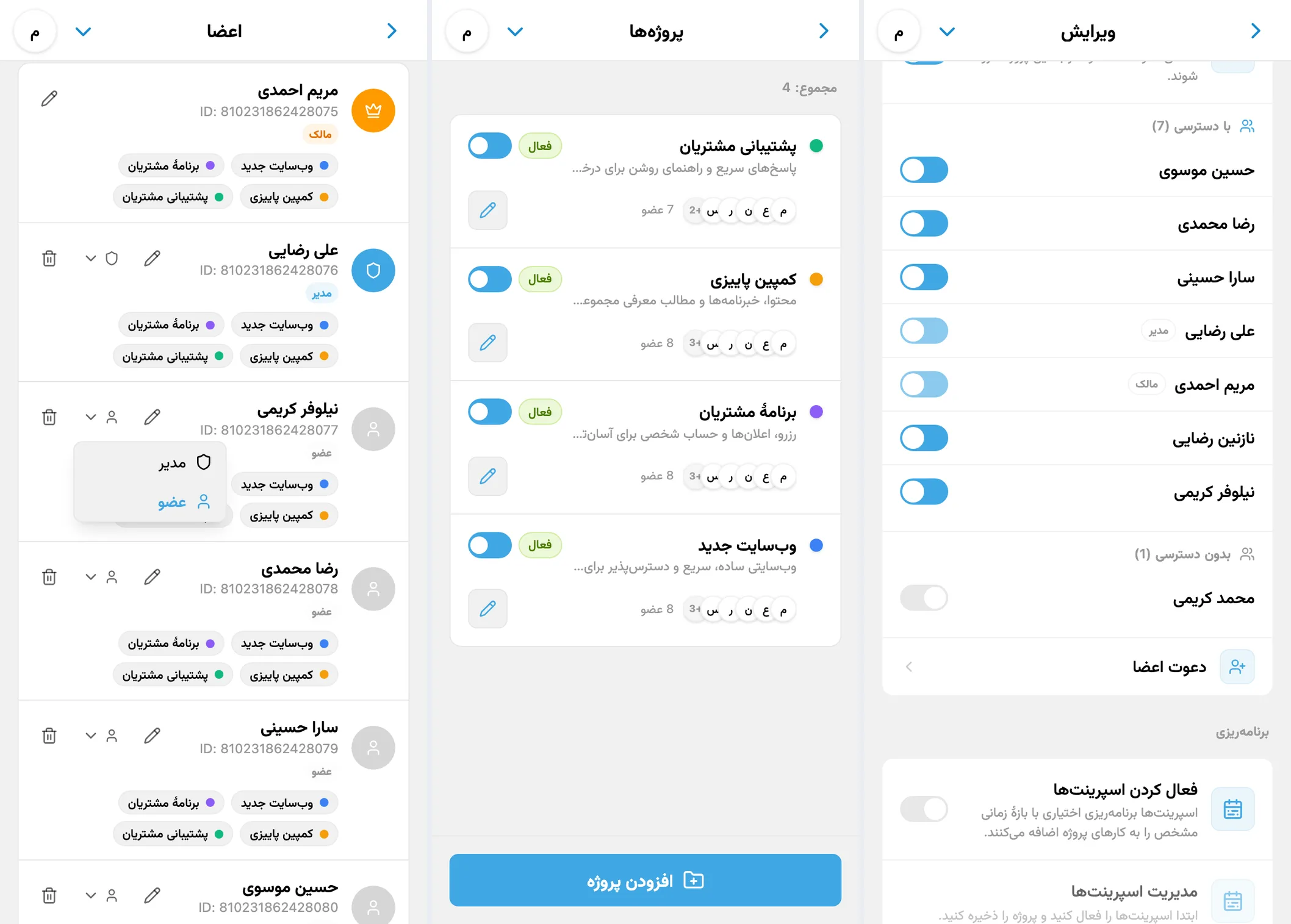 نقش‌های اعضا در iTasks، فهرست پروژه‌ها و دسترسی به یک پروژهٔ مشخص