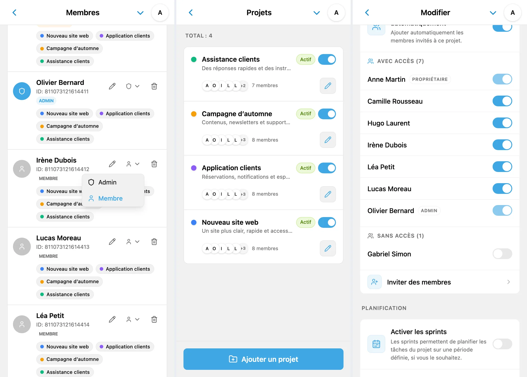 Rôles des membres, liste des projets et accès à un projet iTasks