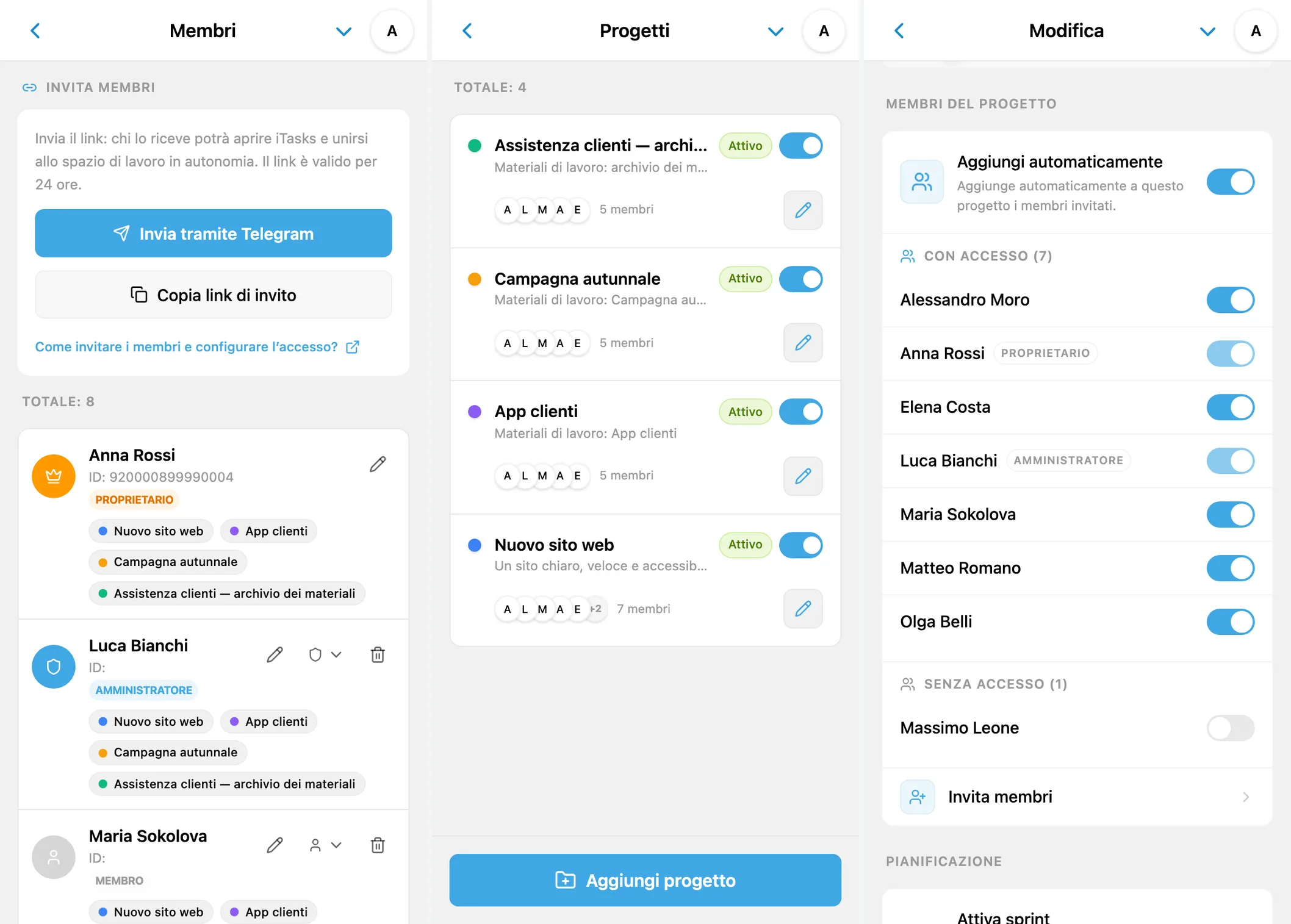 Accesso dei membri di iTasks: cambio di ruolo, elenco dei progetti e membri con e senza accesso