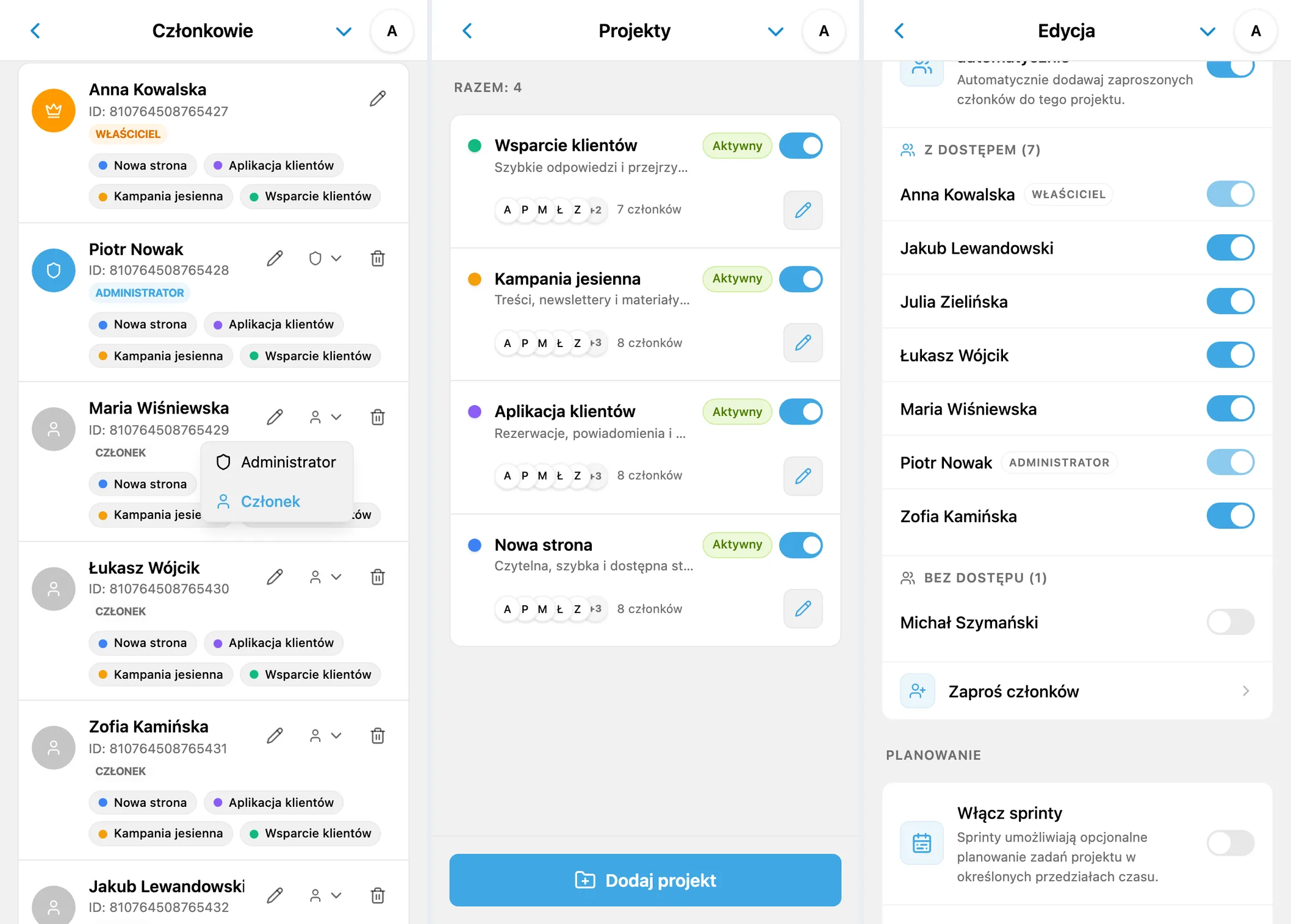 Role członków, lista projektów i dostęp do projektu iTasks