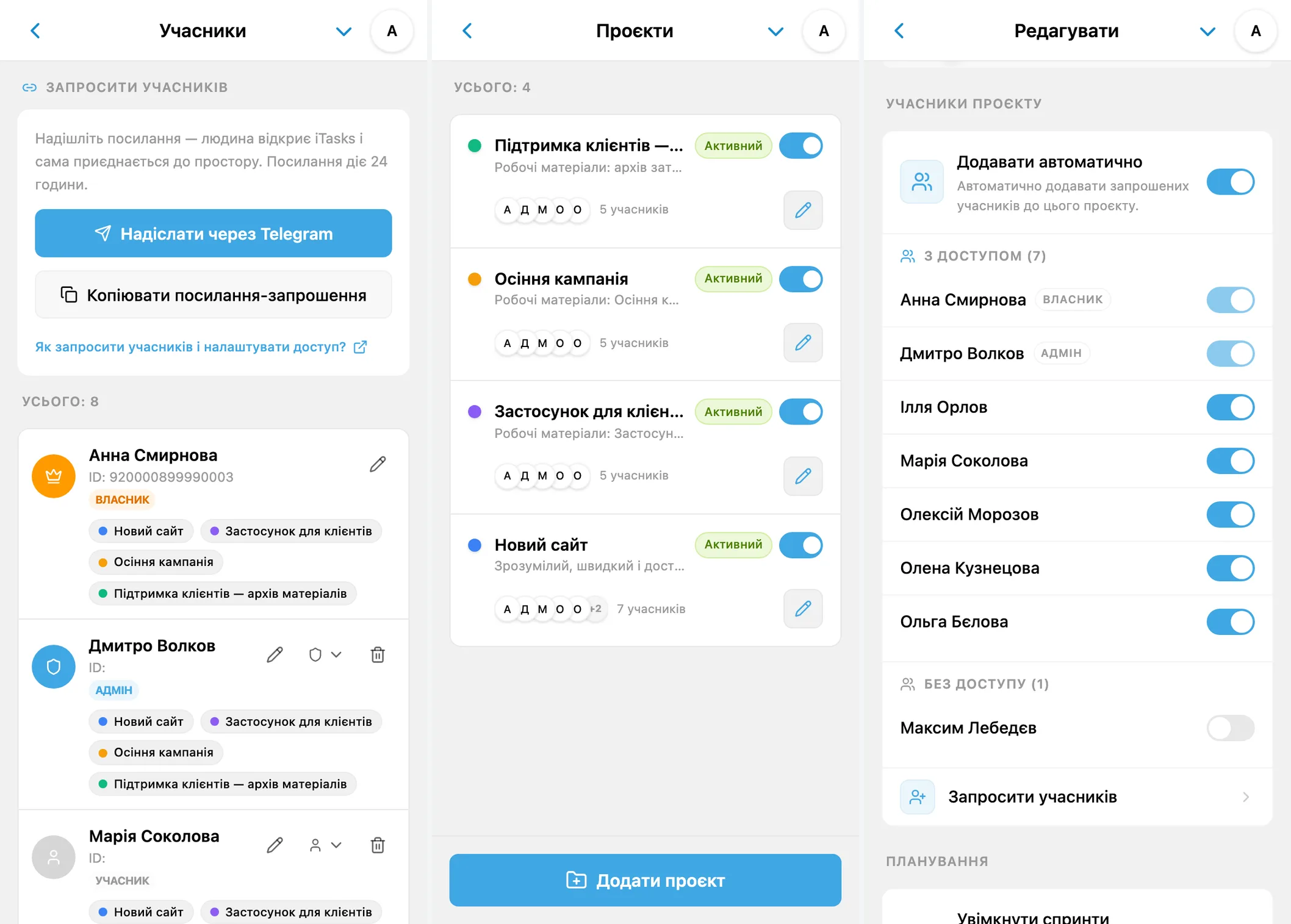 Ролі учасників iTasks, список проєктів та окремі права доступу до проєкту