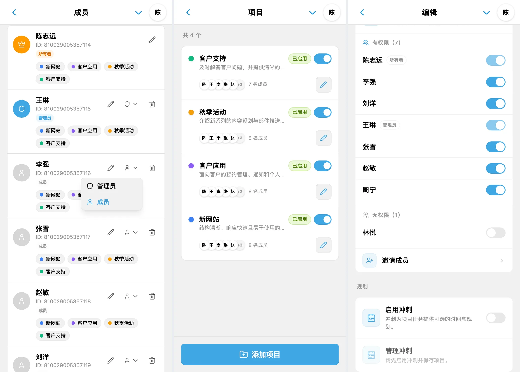 iTasks 成员角色、项目列表以及单个项目的访问权限