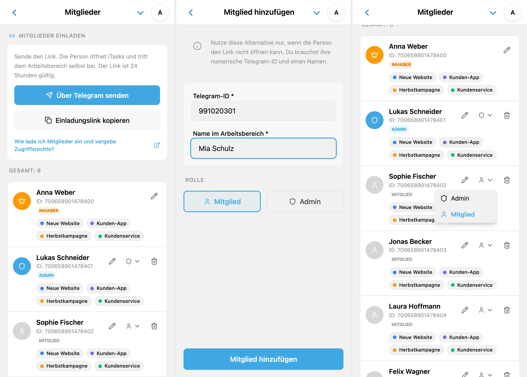 Das iTasks-Team: Einladungen, Hinzufügen per Telegram-ID und Rollenänderung