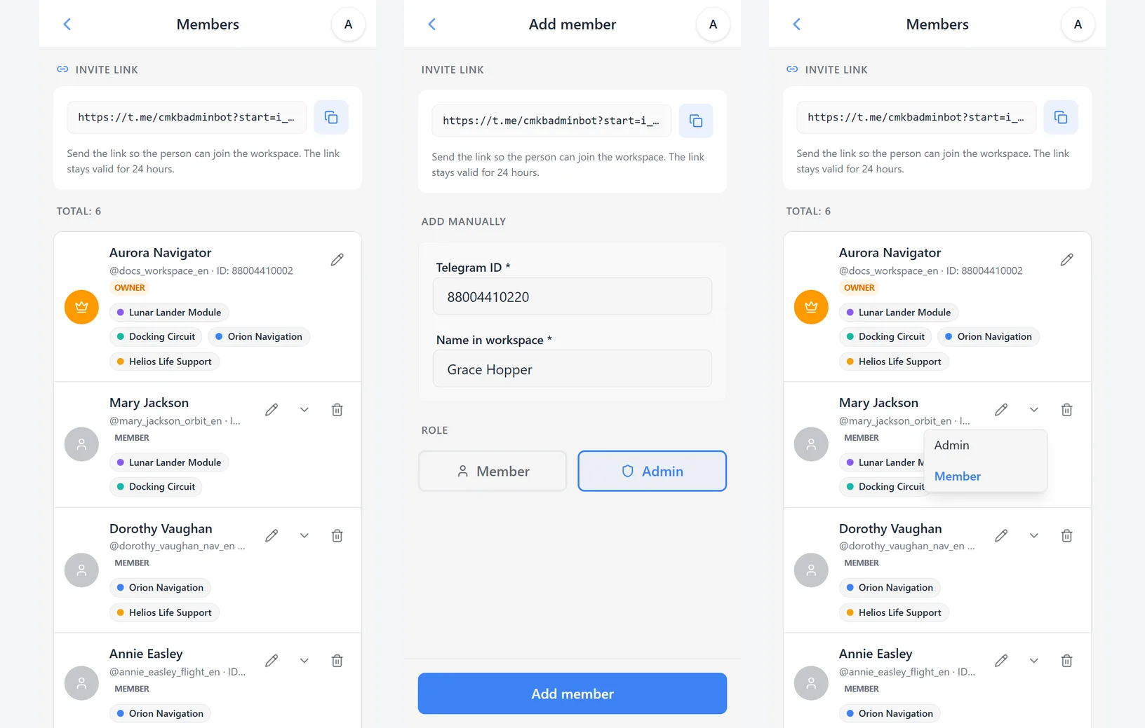 iTasks members: invite link, manual user addition, role selection, and role-change menu