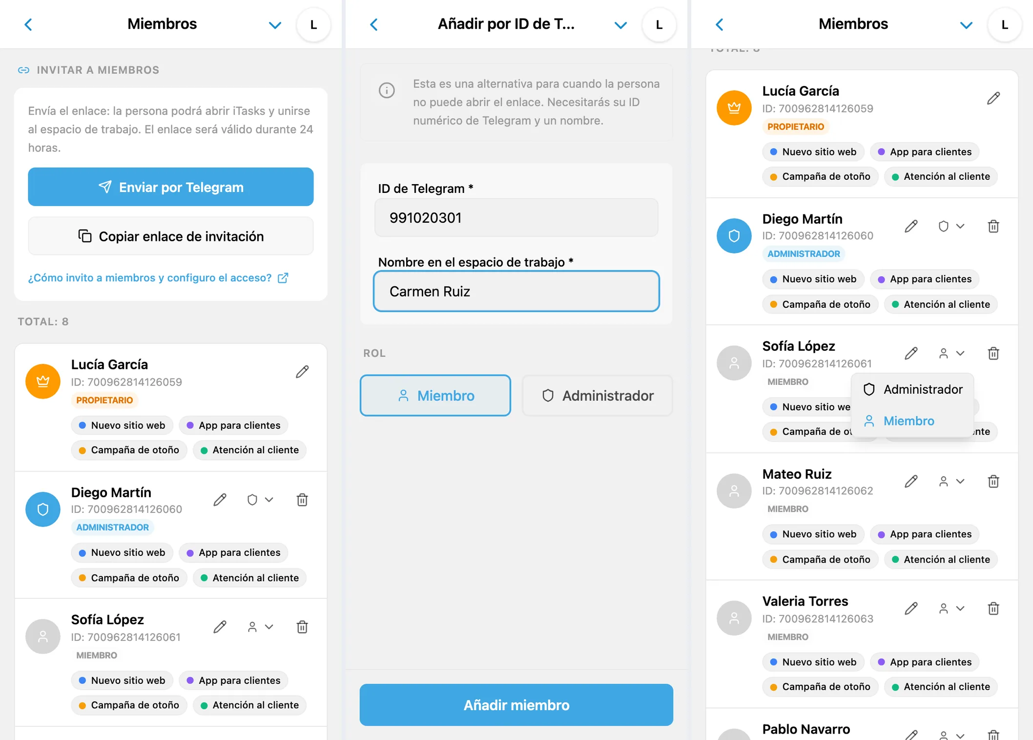 Equipo de iTasks: invitaciones, incorporación por ID de Telegram y cambio de roles