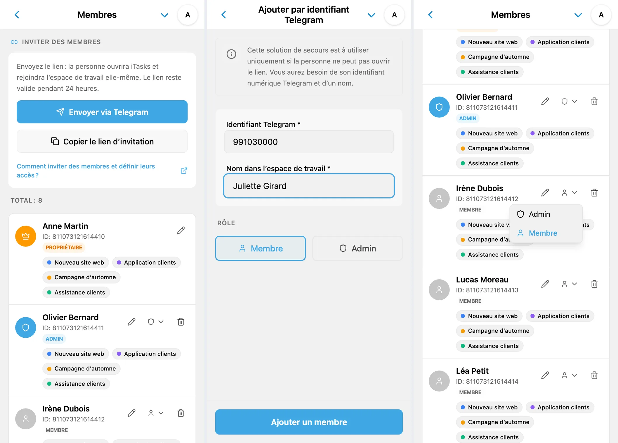 Équipe iTasks : invitation, ajout par identifiant Telegram et modification des rôles